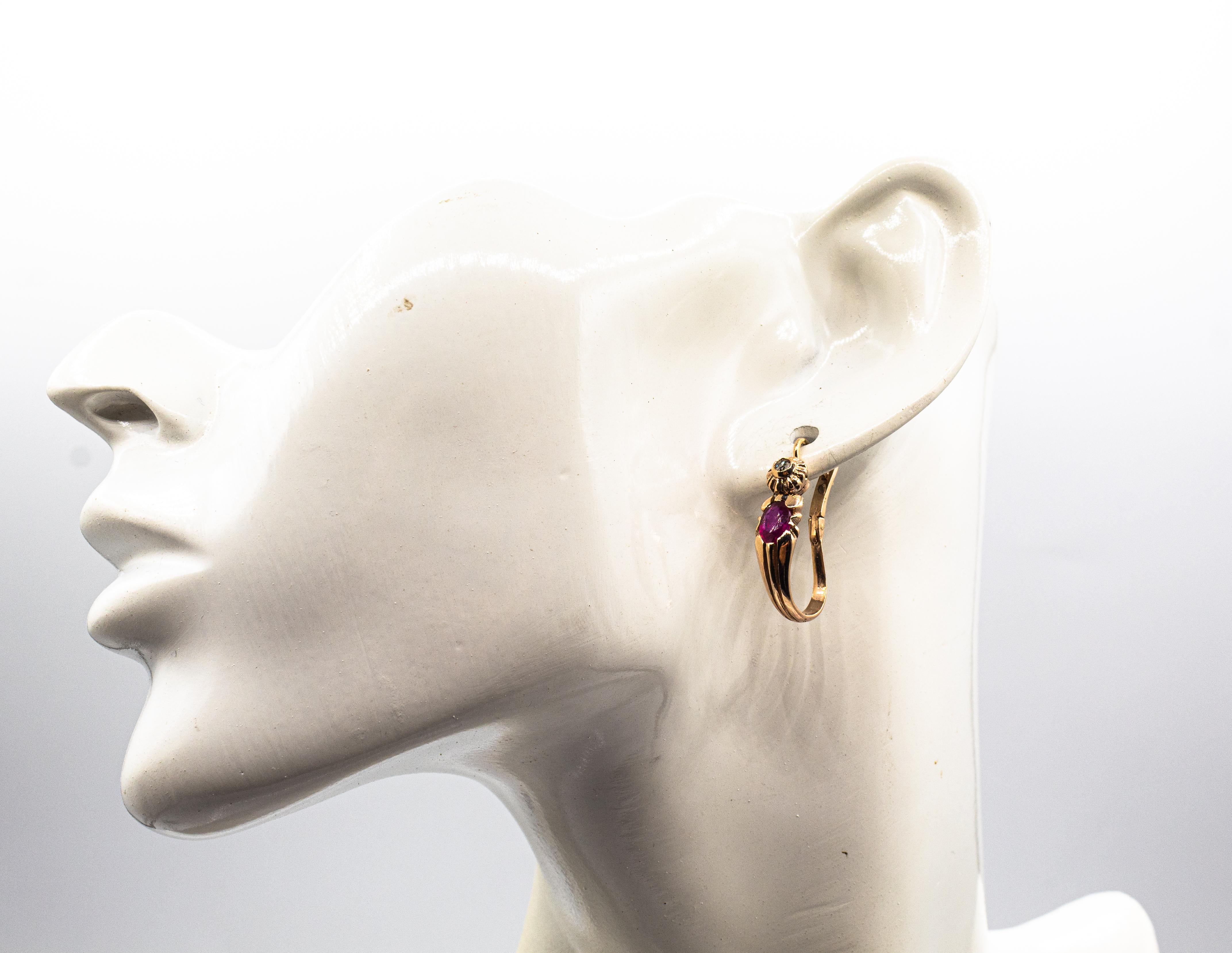 Art Deco Style White Rose Cut Diamond Oval Cut Ruby Yellow Gold Dangle Earrings For Sale 16