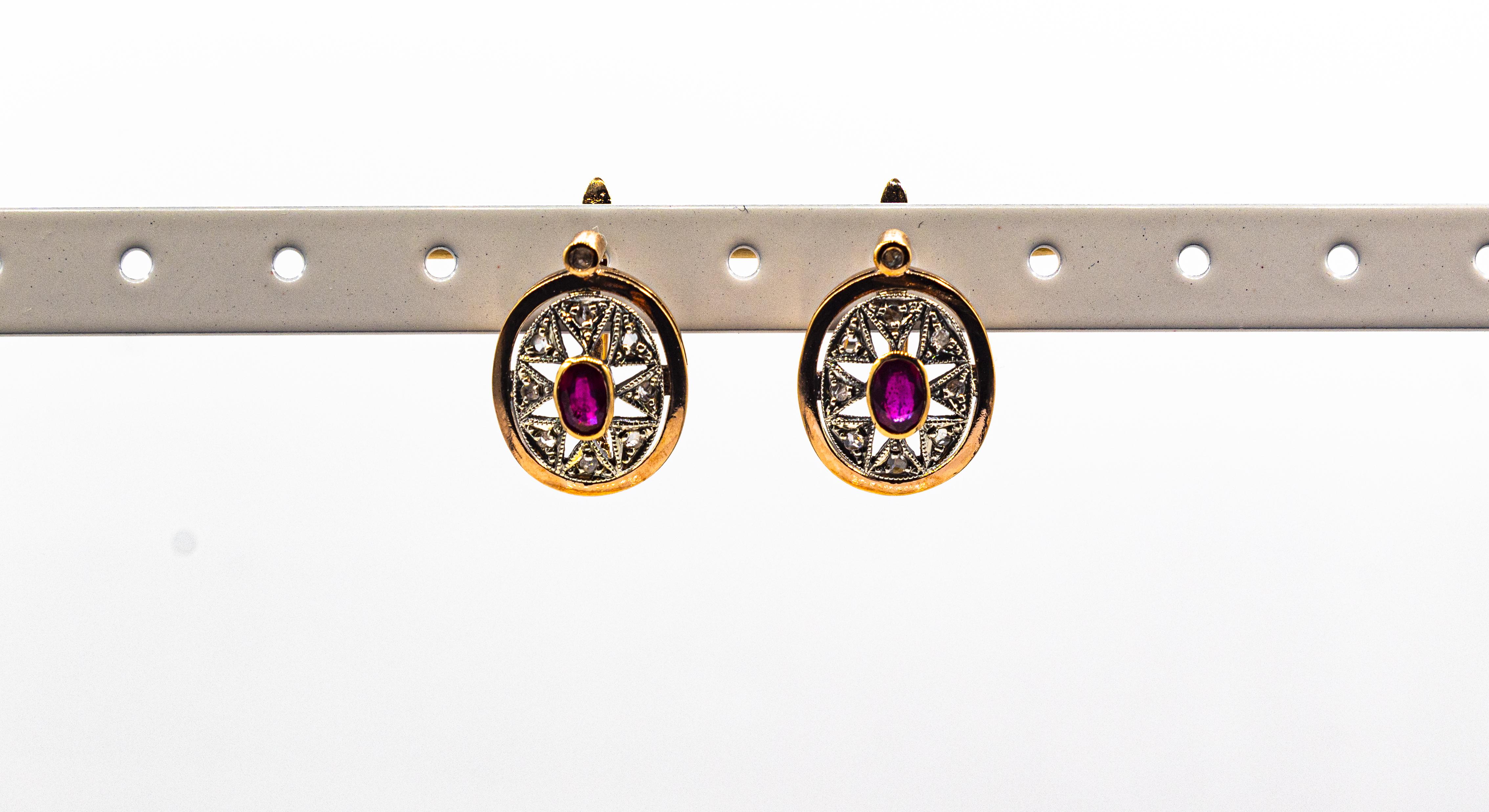 Pendants d'oreilles en or jaune de style Art déco avec diamants blancs taille rose et rubis taille ovale en vente 1