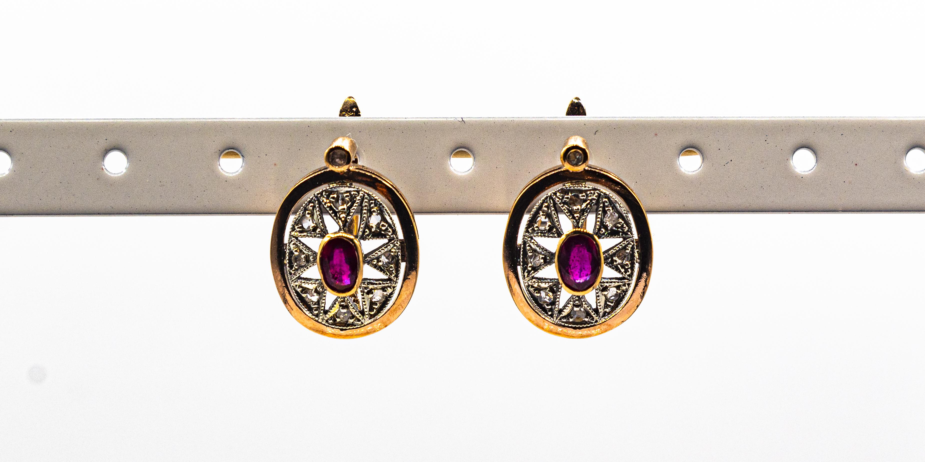 Pendants d'oreilles en or jaune de style Art déco avec diamants blancs taille rose et rubis taille ovale en vente 2