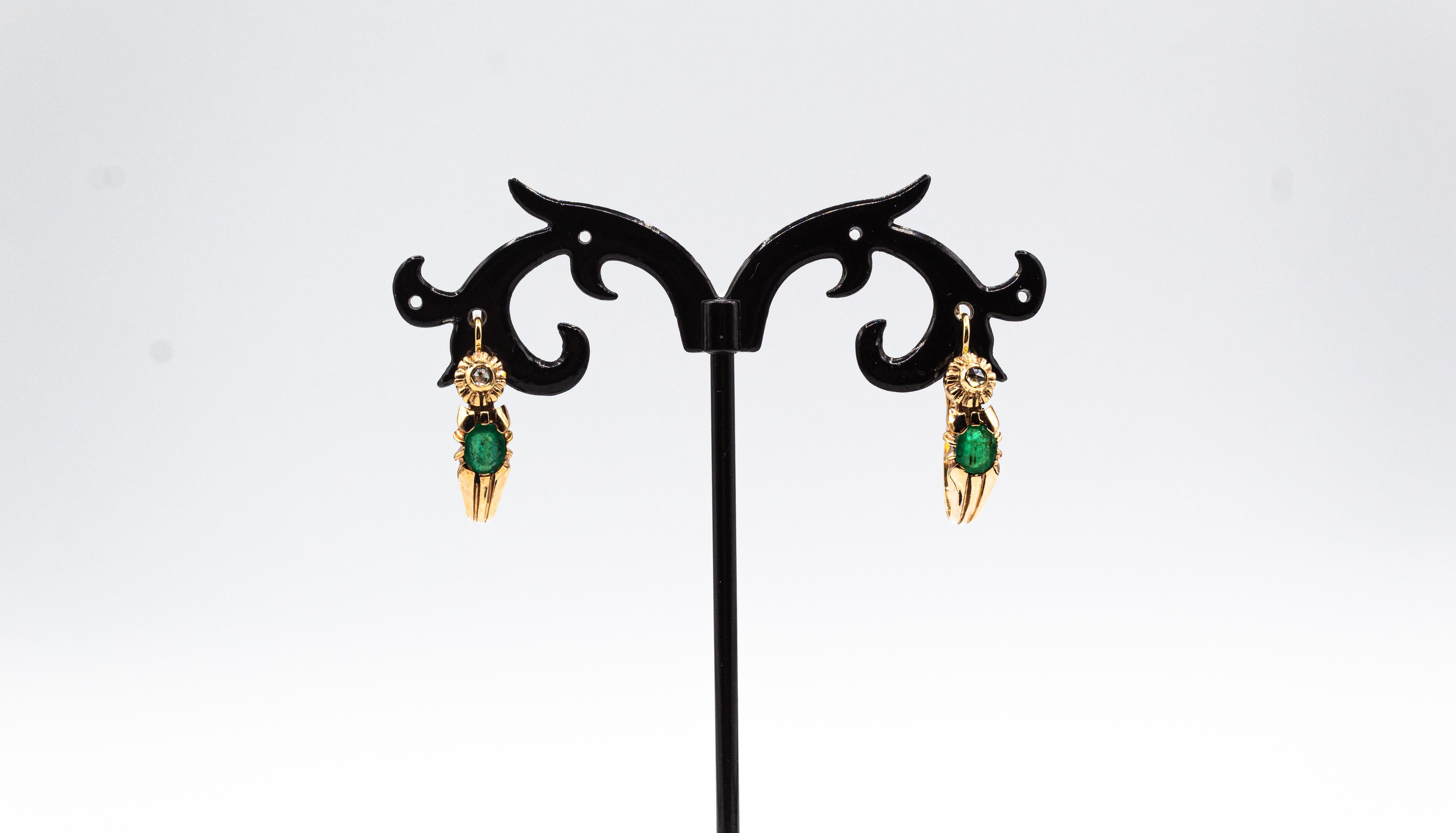Art Deco Style White Rose Cut Diamond Oval Cut Ruby Yellow Gold Dangle Earrings For Sale 3