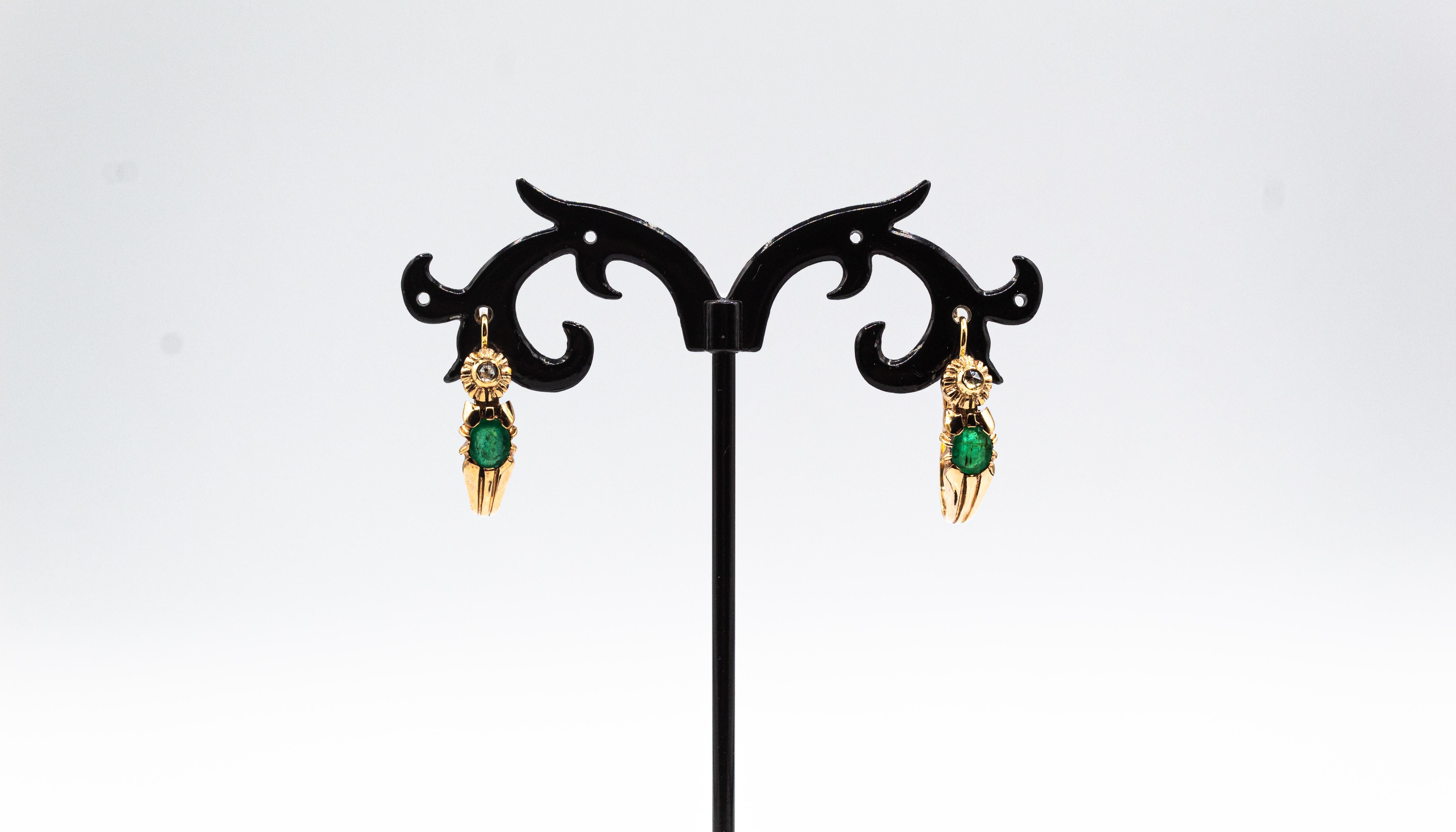 Pendants d'oreilles de style Art déco en or jaune avec diamants blancs taille rose et rubis taille ovale en vente 3