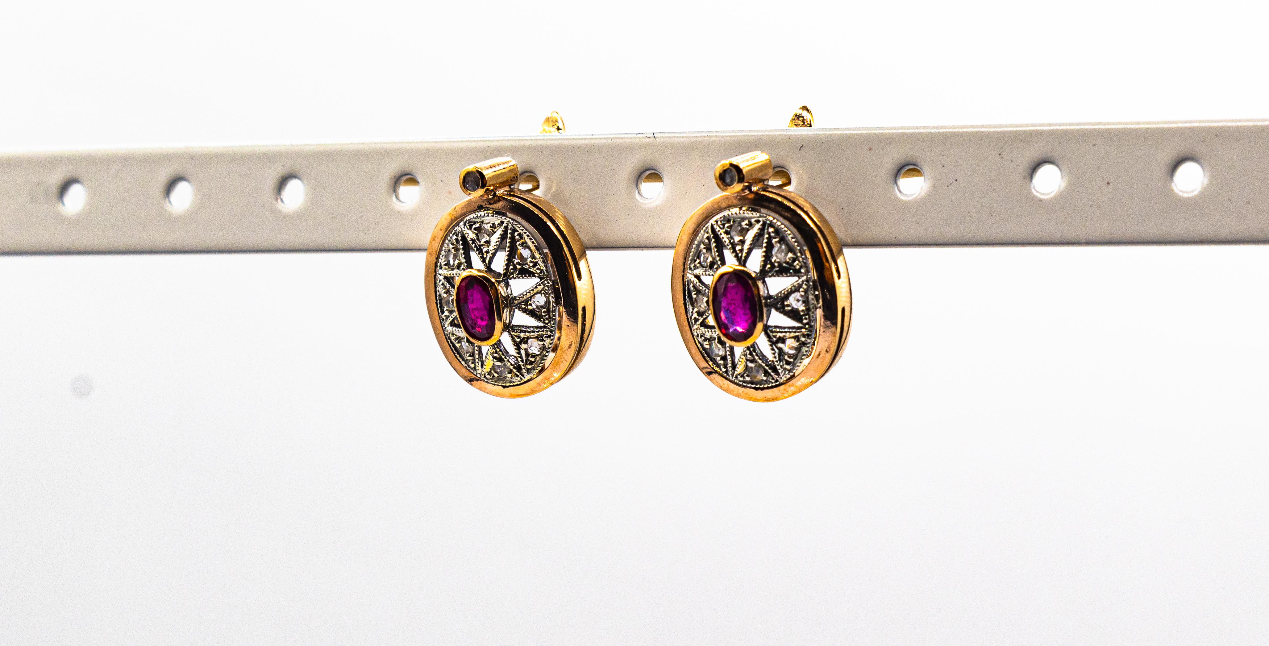 Pendants d'oreilles en or jaune de style Art déco avec diamants blancs taille rose et rubis taille ovale en vente 4