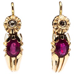Art Deco Style White Rose Cut Diamond Oval Cut Ruby Yellow Gold Dangle Earrings