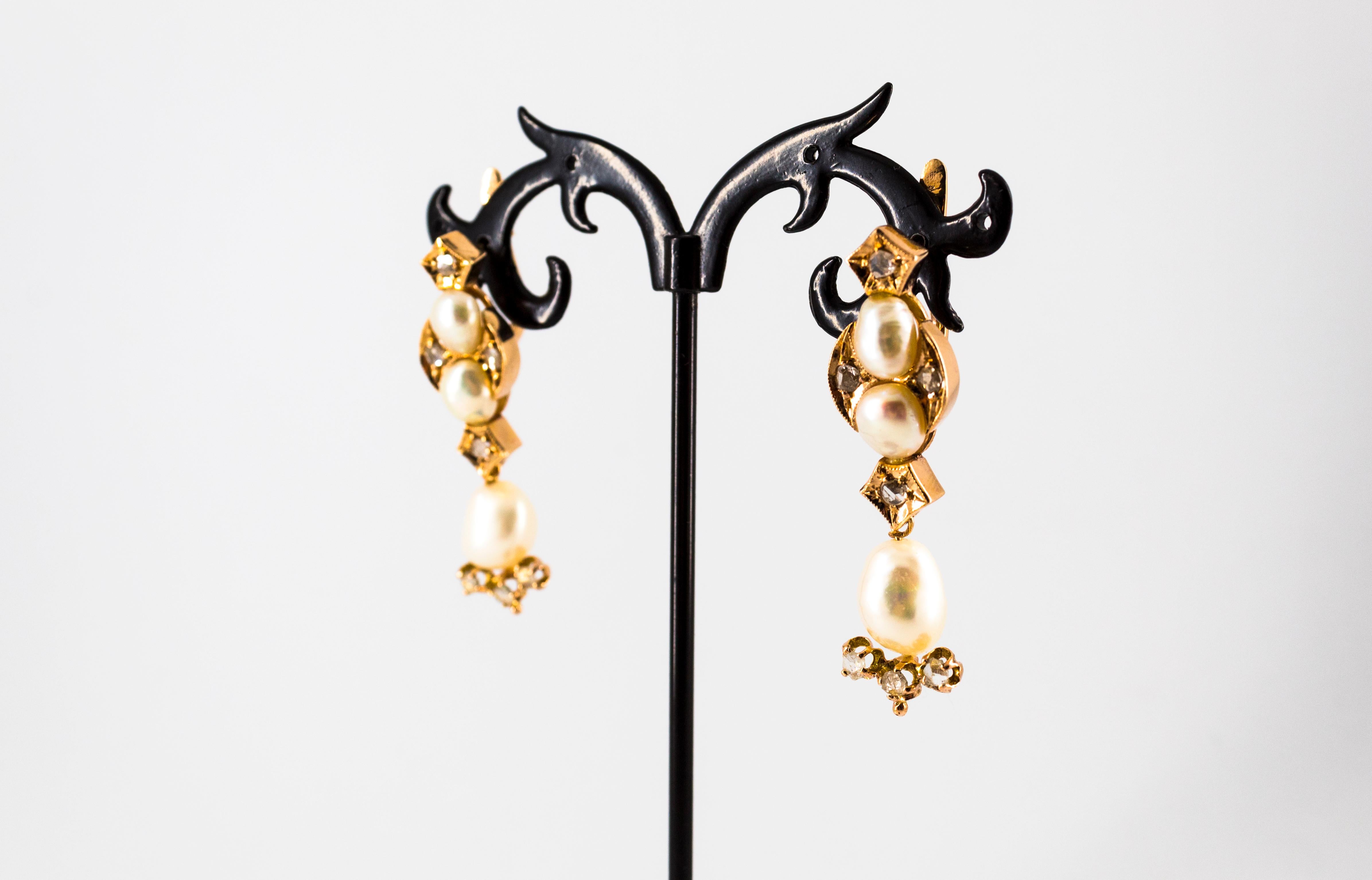 Klappbrisur-Tropfen-Ohrringe im Art-déco-Stil aus Gelbgold mit weißem Diamanten im Rosenschliff und Perlen im Angebot 6