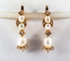 Art Deco Style White Rose Cut Diamond Pearl Yellow Gold Lever-Back Drop Earrings