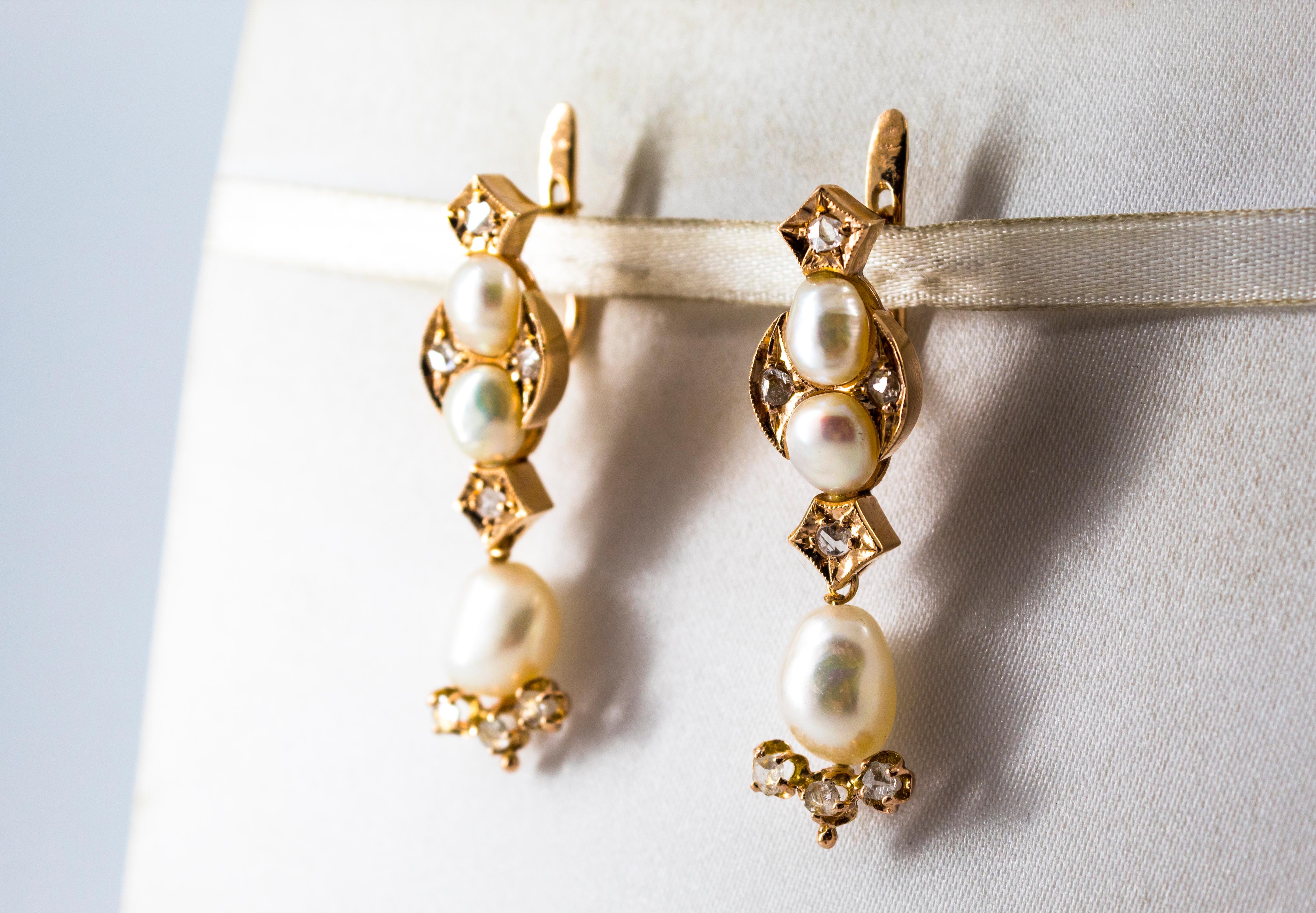 Klappbrisur-Tropfen-Ohrringe im Art-déco-Stil aus Gelbgold mit weißem Diamanten im Rosenschliff und Perlen im Angebot 1