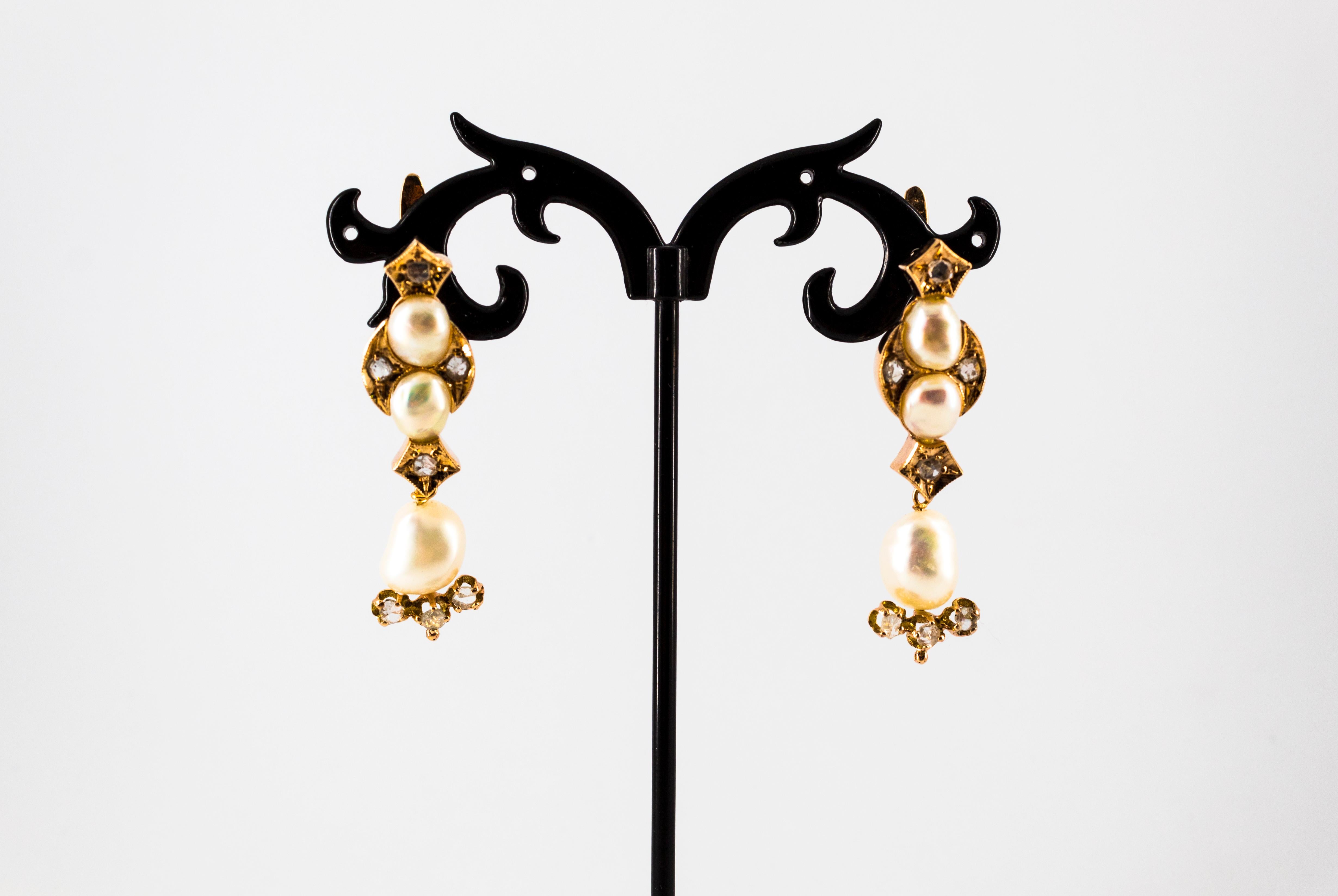 Klappbrisur-Tropfen-Ohrringe im Art-déco-Stil aus Gelbgold mit weißem Diamanten im Rosenschliff und Perlen im Angebot 3