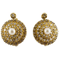 Art Deco Style White Rose Cut Diamond Pearl Yellow Gold Lever-Back Earrings