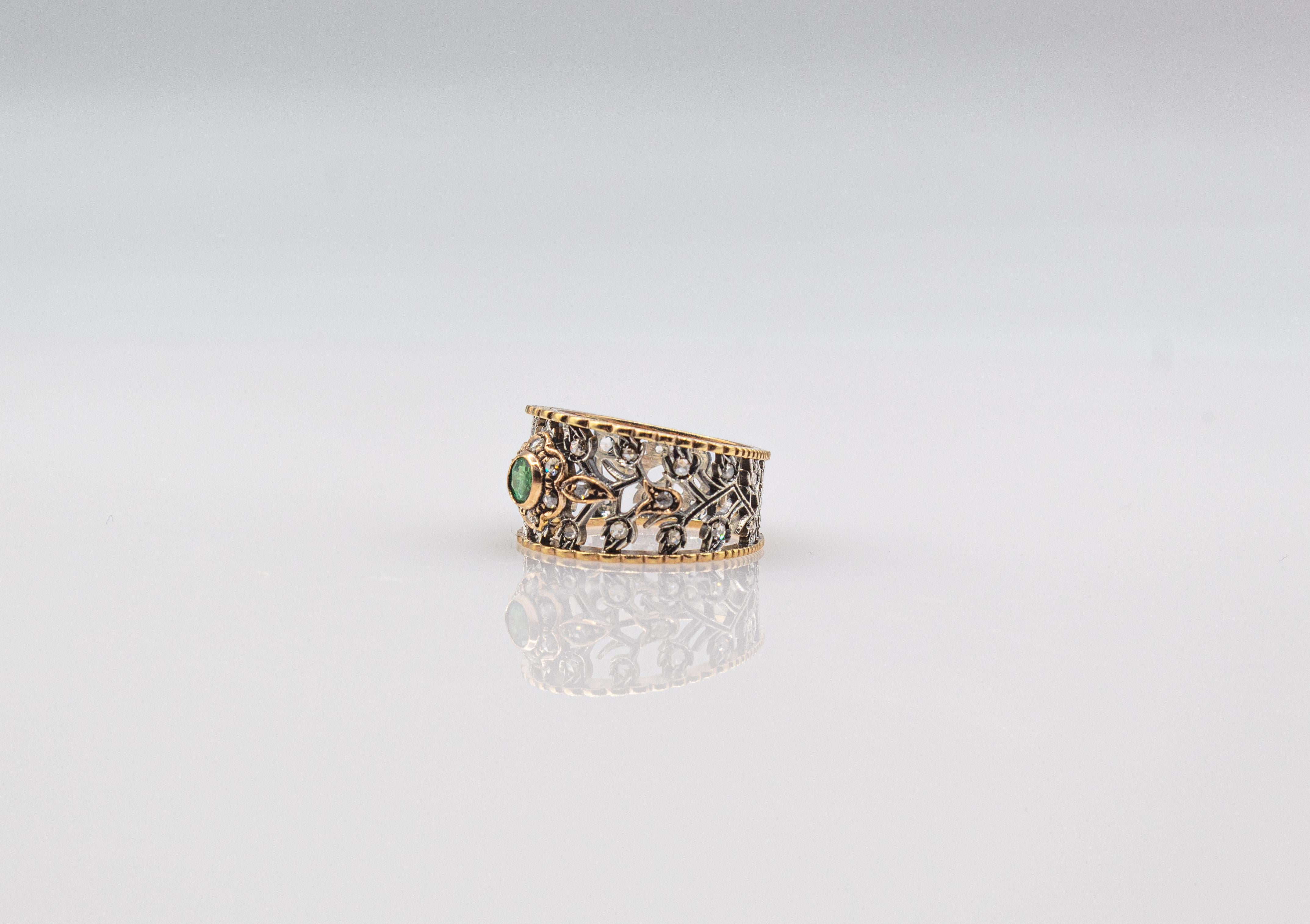 Art Deco Stil Weißer Rosenschliff Diamant Rundschliff Smaragd Gelbgold Ring im Angebot 5