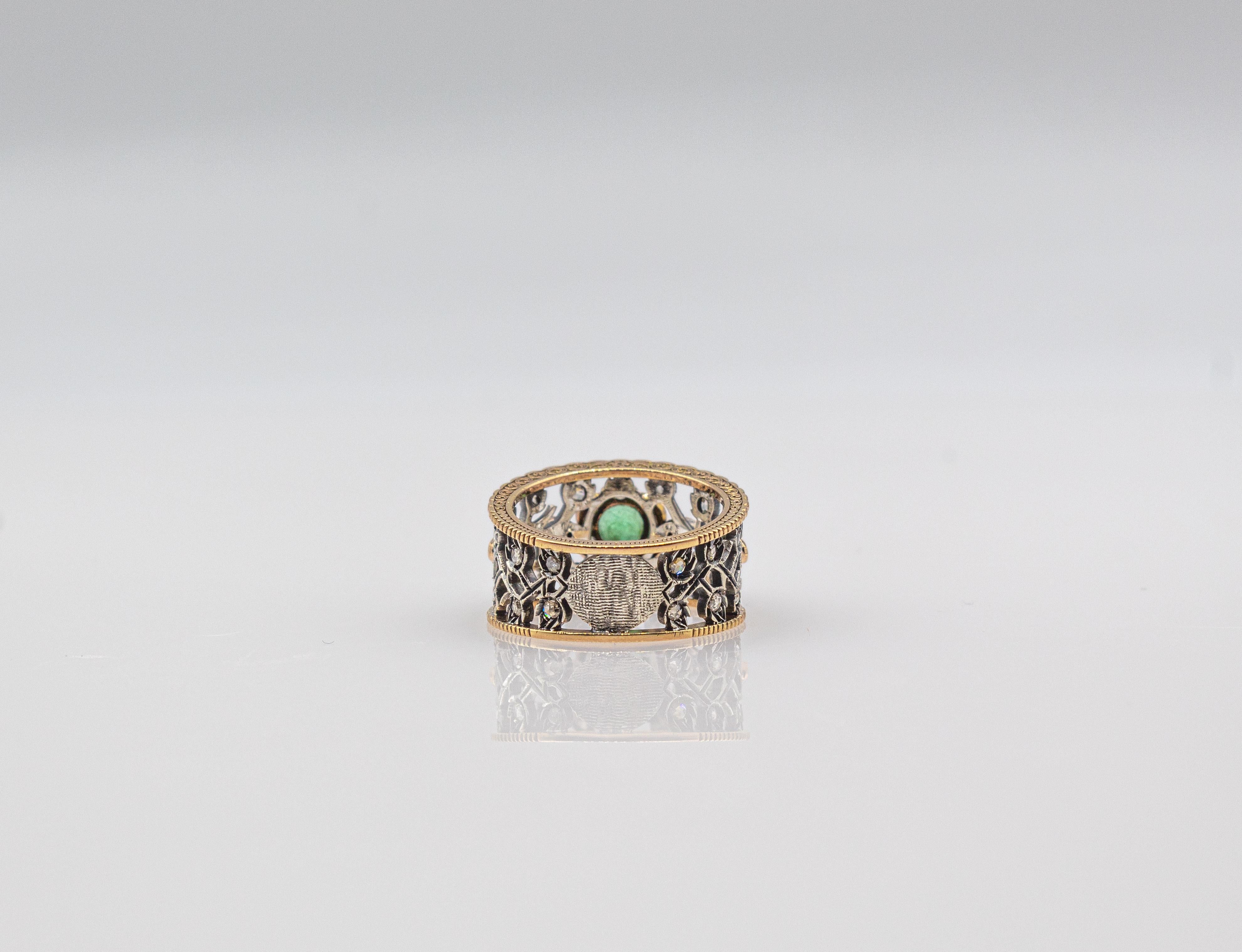 Art Deco Stil Weißer Rosenschliff Diamant Rundschliff Smaragd Gelbgold Ring im Angebot 6