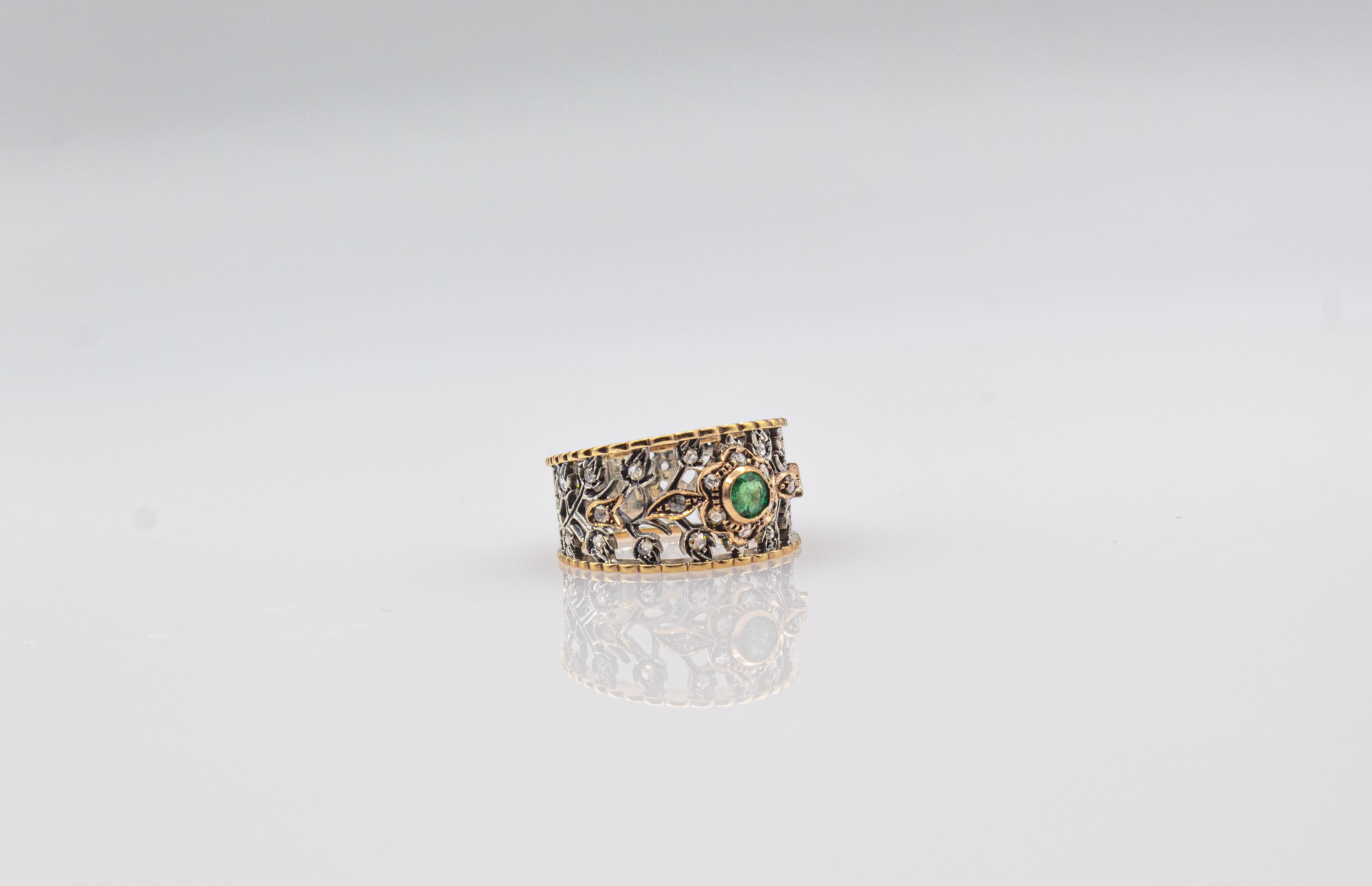 Art Deco Stil Weißer Rosenschliff Diamant Rundschliff Smaragd Gelbgold Ring im Angebot 7