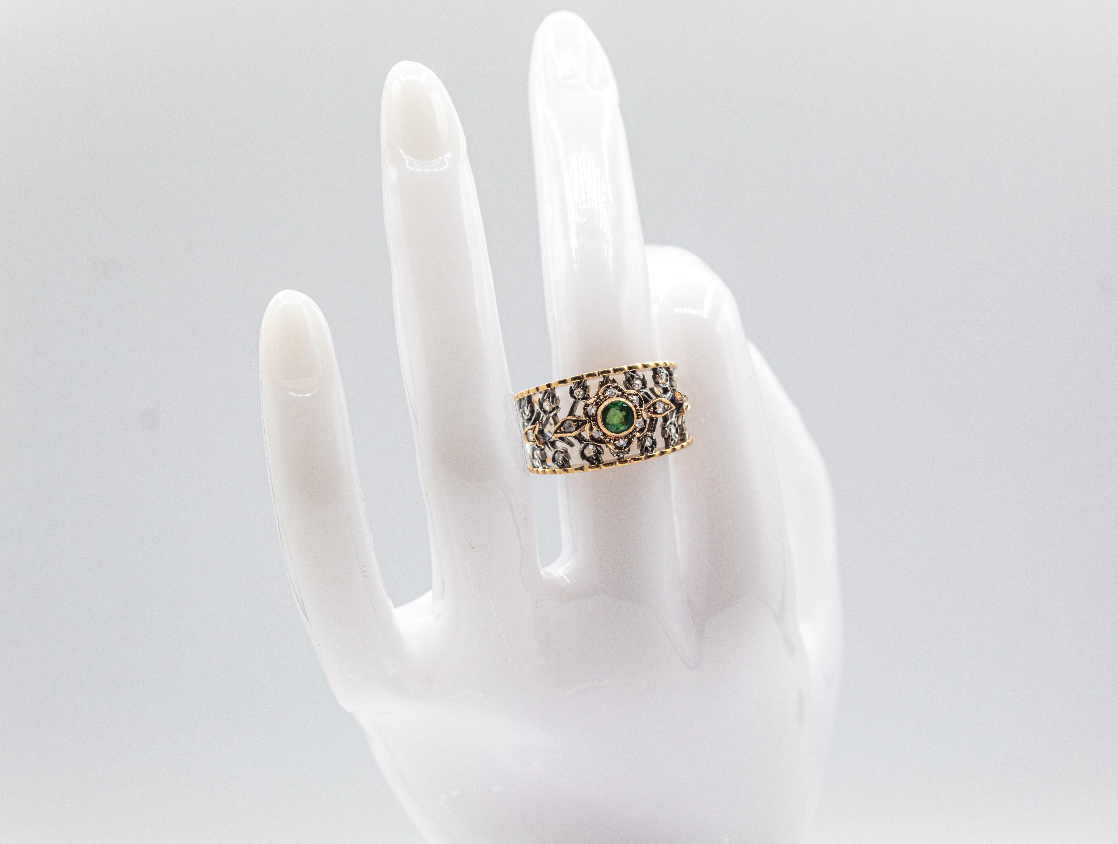 Art Deco Stil Weißer Rosenschliff Diamant Rundschliff Smaragd Gelbgold Ring im Angebot 8