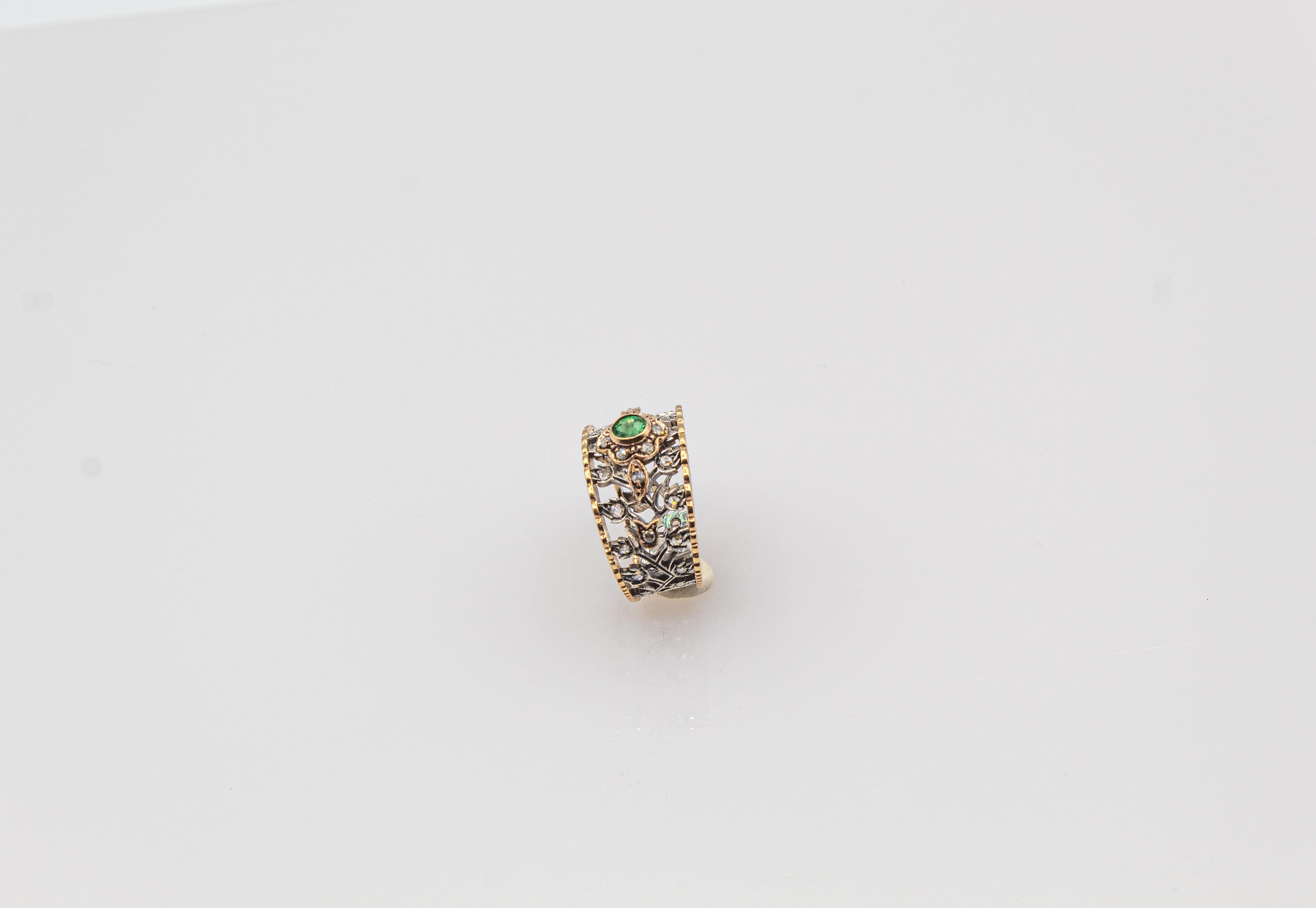 Art Deco Stil Weißer Rosenschliff Diamant Rundschliff Smaragd Gelbgold Ring im Zustand „Neu“ im Angebot in Naples, IT