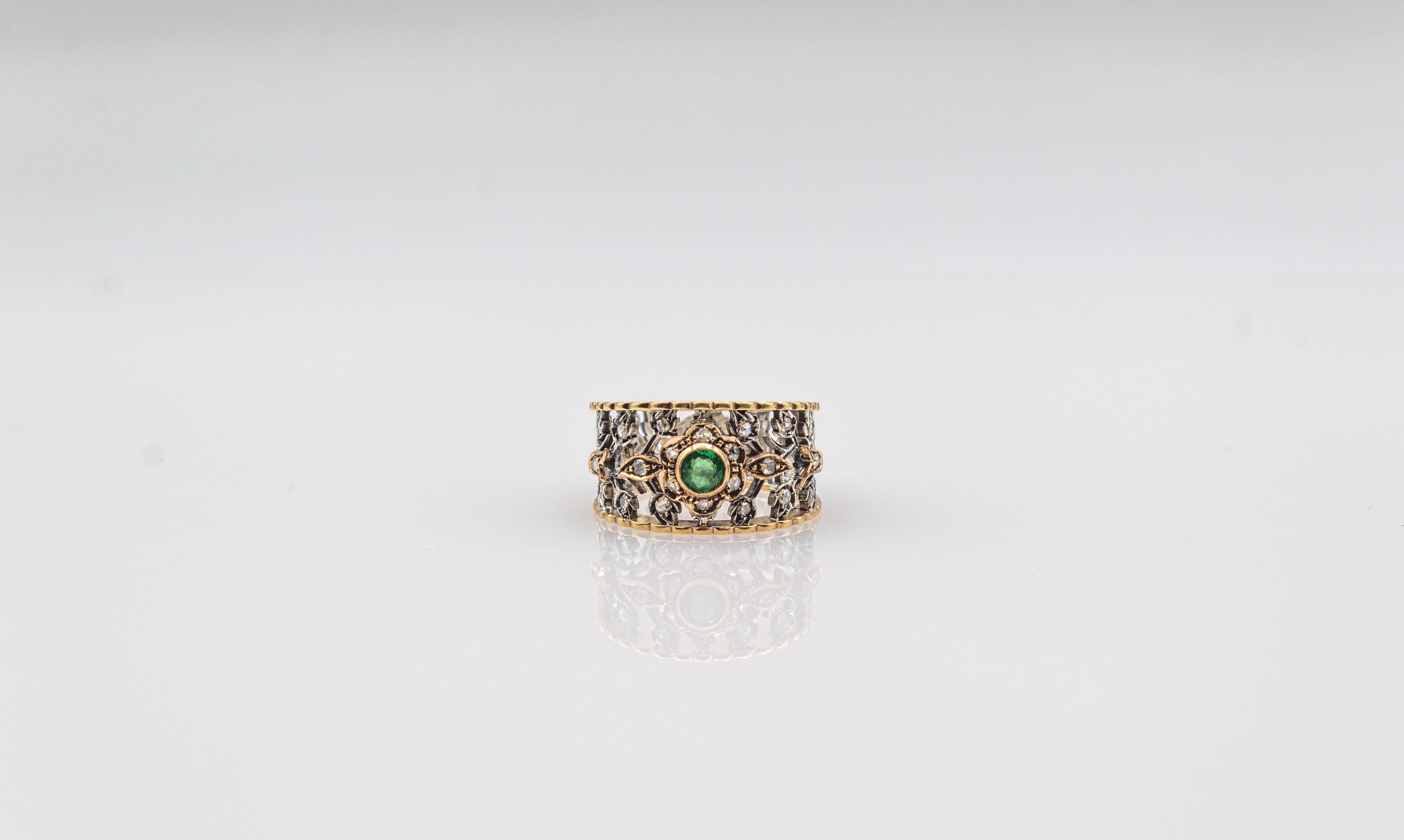 Art Deco Stil Weißer Rosenschliff Diamant Rundschliff Smaragd Gelbgold Ring im Angebot 2