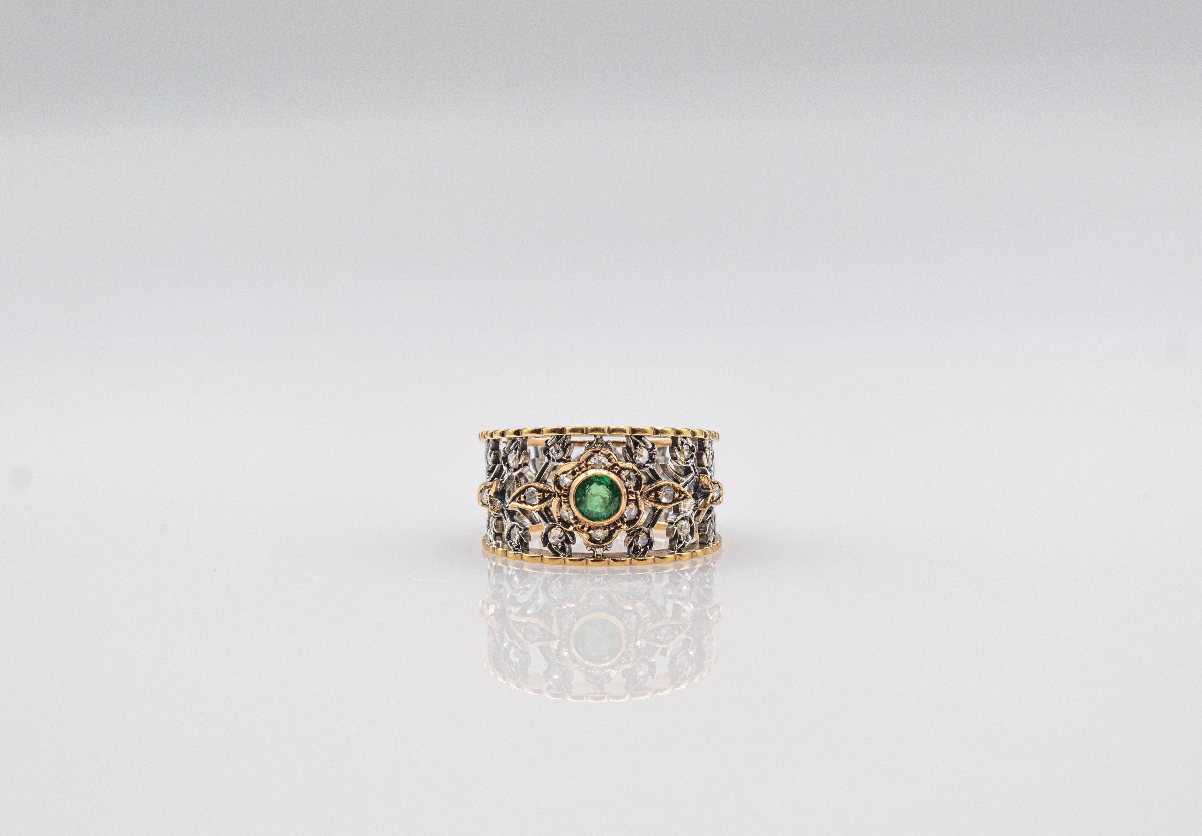 Art Deco Stil Weißer Rosenschliff Diamant Rundschliff Smaragd Gelbgold Ring im Angebot 4