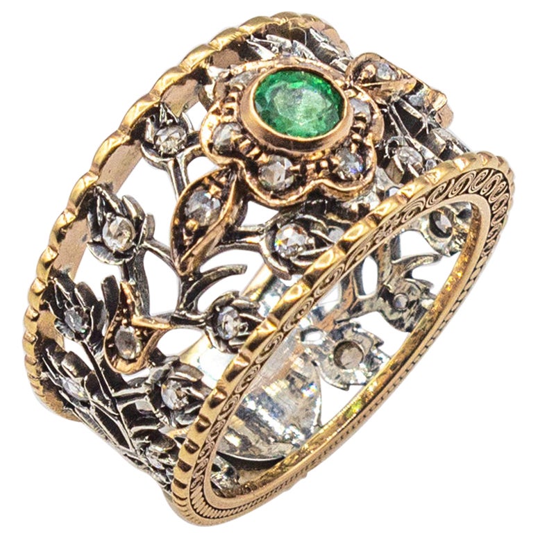 Anillo de Oro Amarillo Estilo Art Decó Diamante Blanco Corte Rosa Corte Redondo Esmeralda en venta