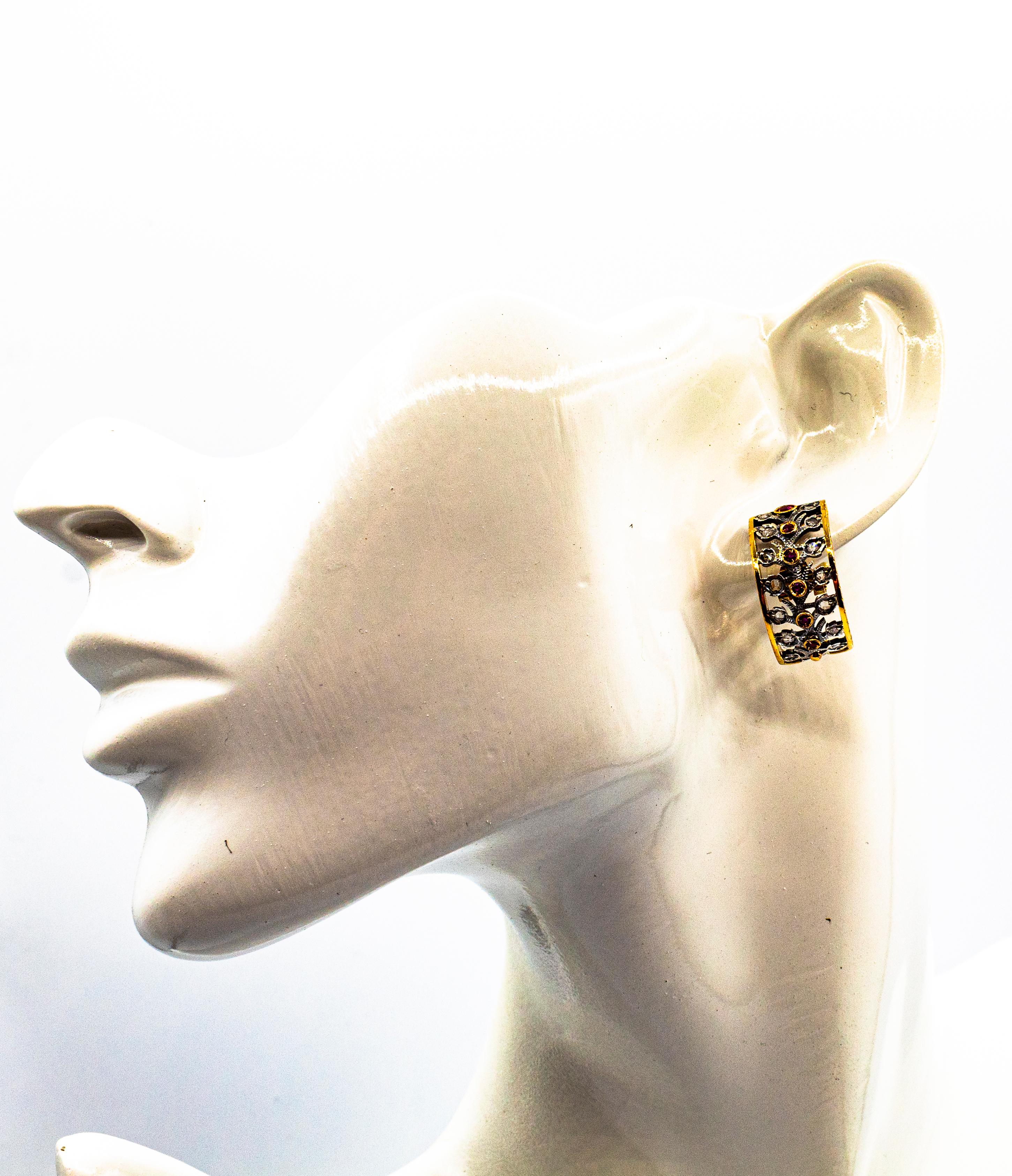 Pendientes colgantes de oro amarillo estilo art déco con diamante blanco talla rosa y rubí en venta 4