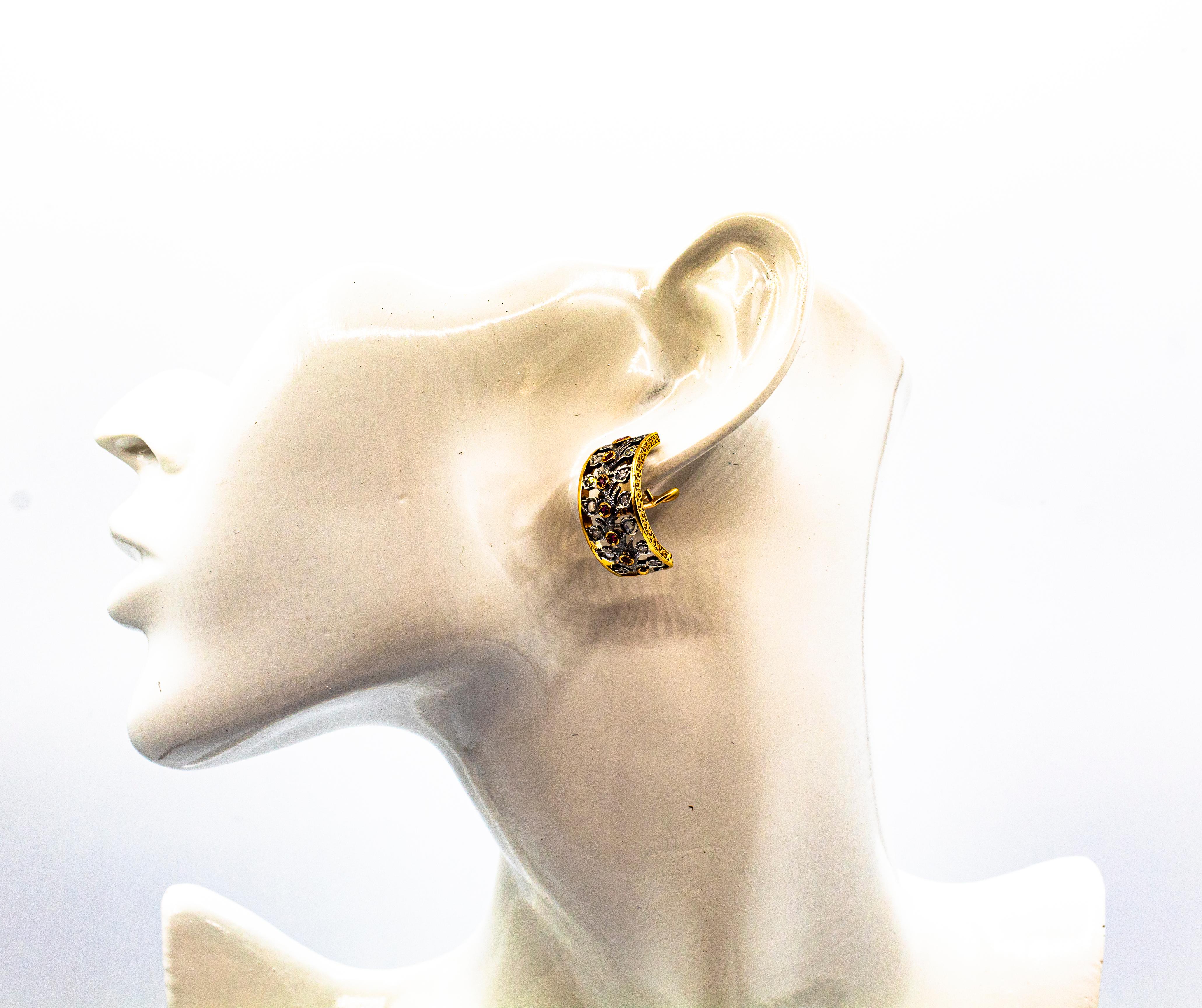 Pendientes colgantes de oro amarillo estilo art déco con diamante blanco talla rosa y rubí en venta 5