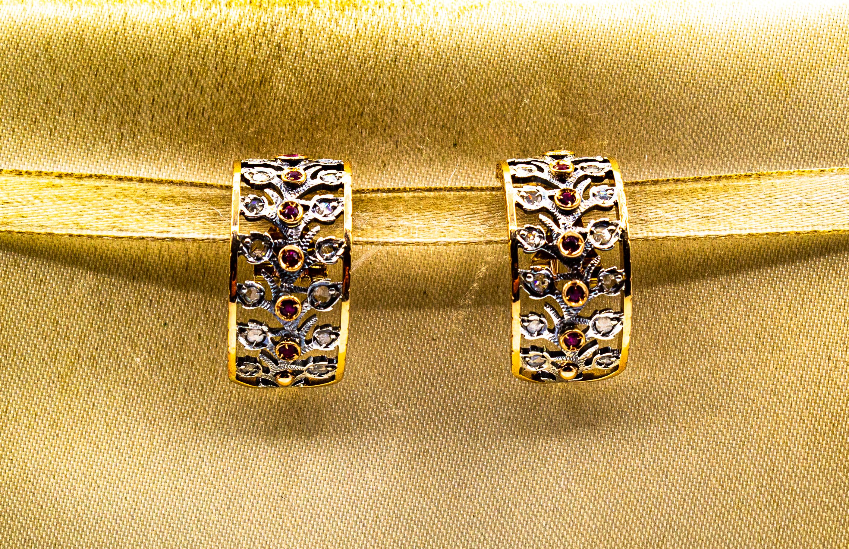 Art Deco Style White Rose Cut Diamond Ruby Yellow Gold Clip-On Dangle Earrings In New Condition For Sale In Naples, IT