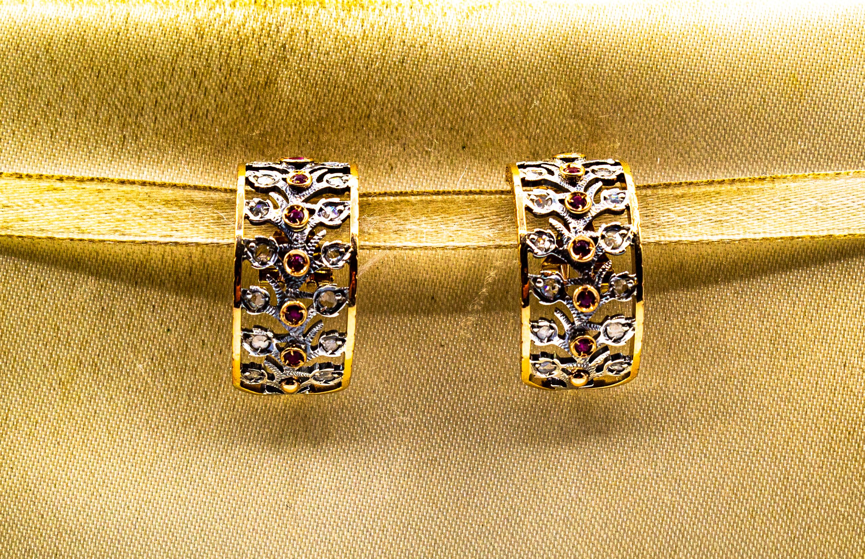 Art déco Boucles d'oreilles clips en or jaune, diamant blanc taillé en rose et rubis, style Art Déco en vente