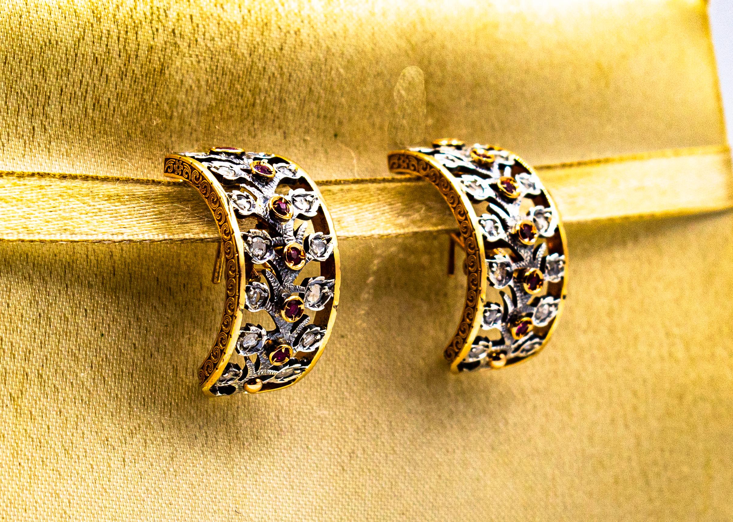 Women's or Men's Art Deco Style White Rose Cut Diamond Ruby Yellow Gold Clip-On Dangle Earrings For Sale