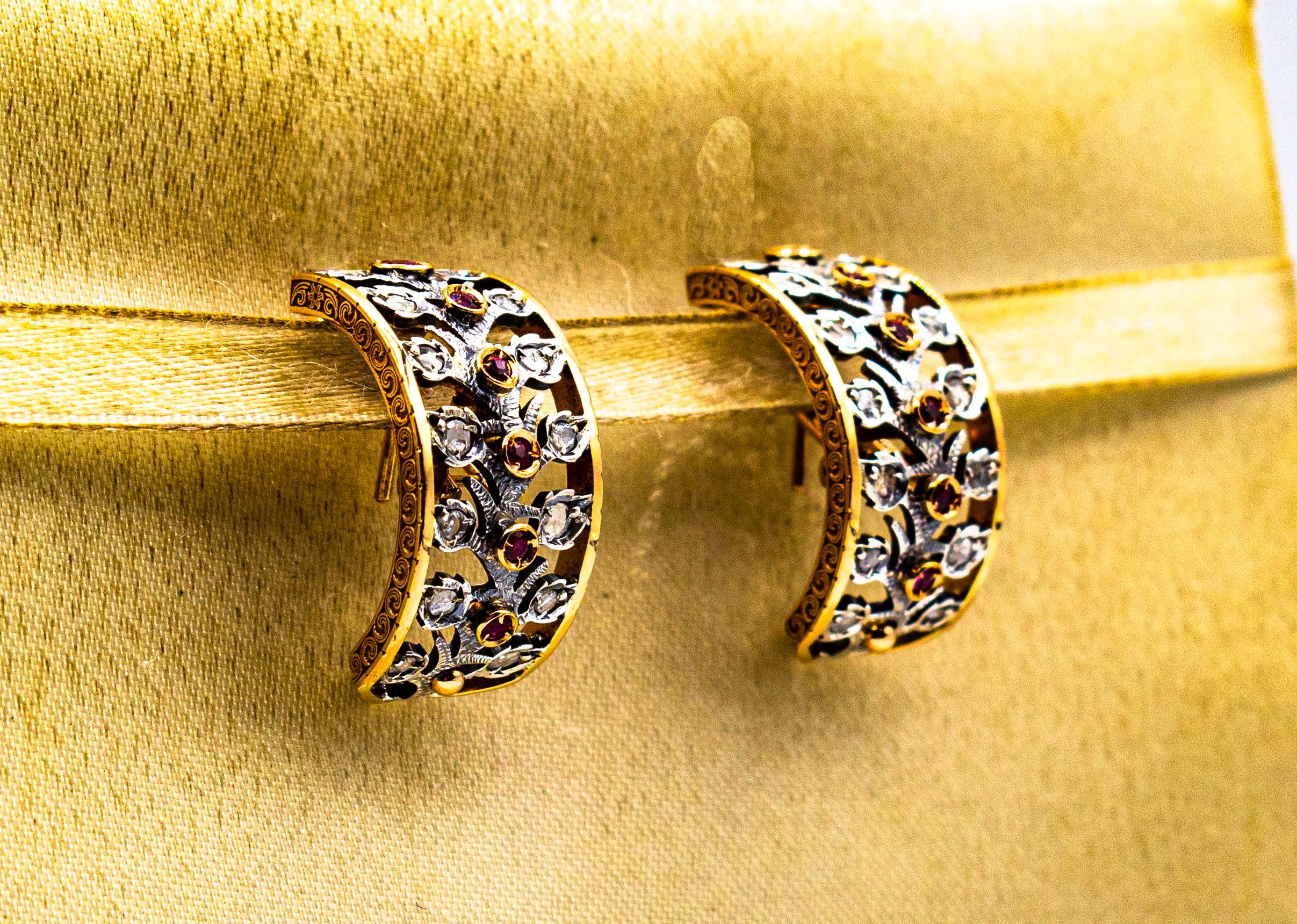Pendientes colgantes de oro amarillo estilo art déco con diamante blanco talla rosa y rubí Corte rosa en venta
