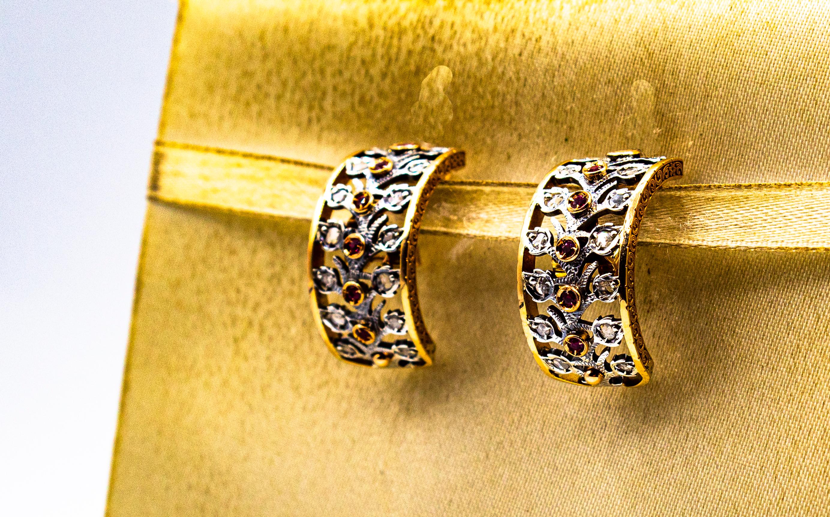 Pendientes colgantes de oro amarillo estilo art déco con diamante blanco talla rosa y rubí en Nuevo estado para la venta en Naples, IT
