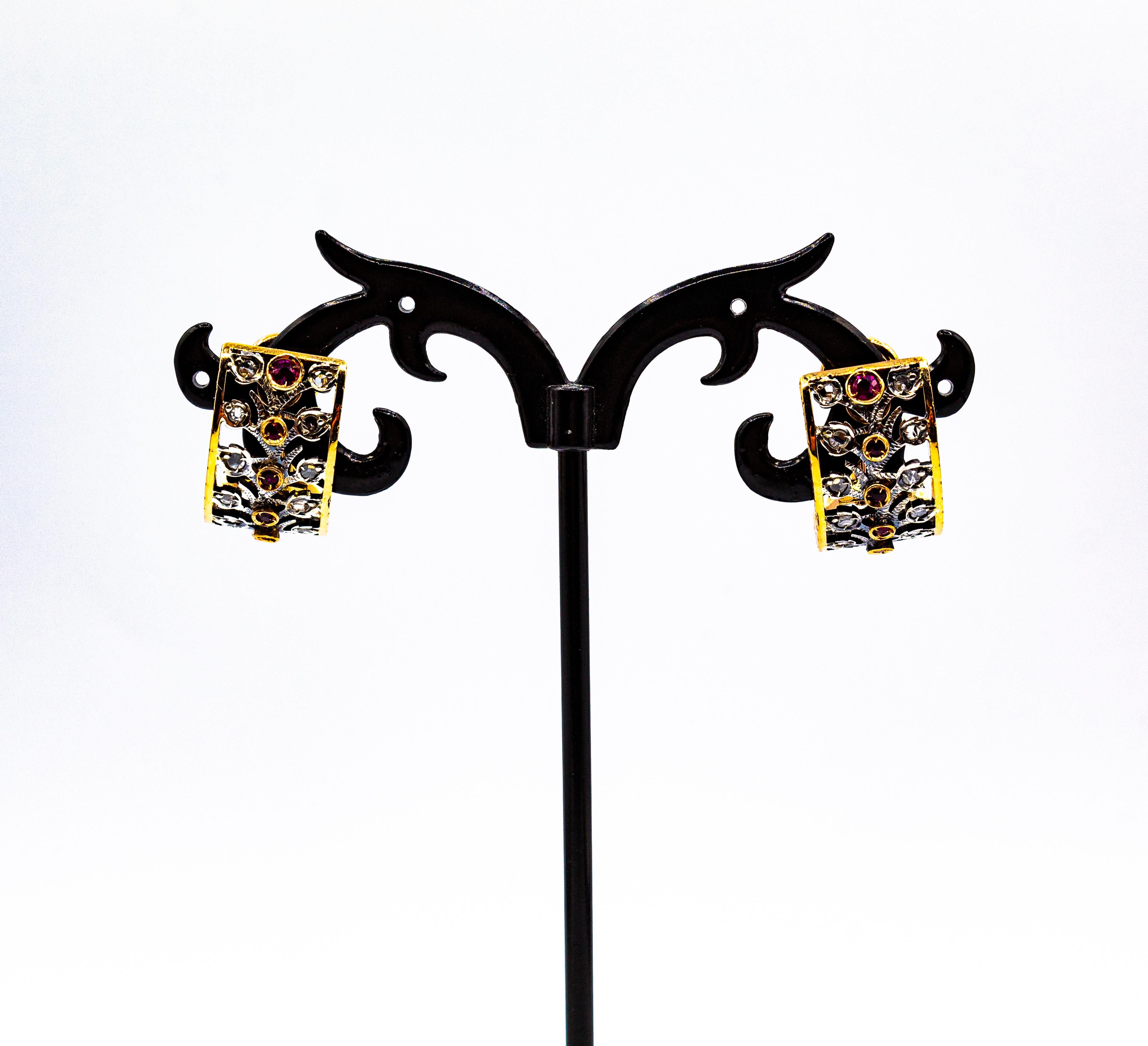 Femenino o masculino Pendientes colgantes de oro amarillo estilo art déco con diamante blanco talla rosa y rubí en venta