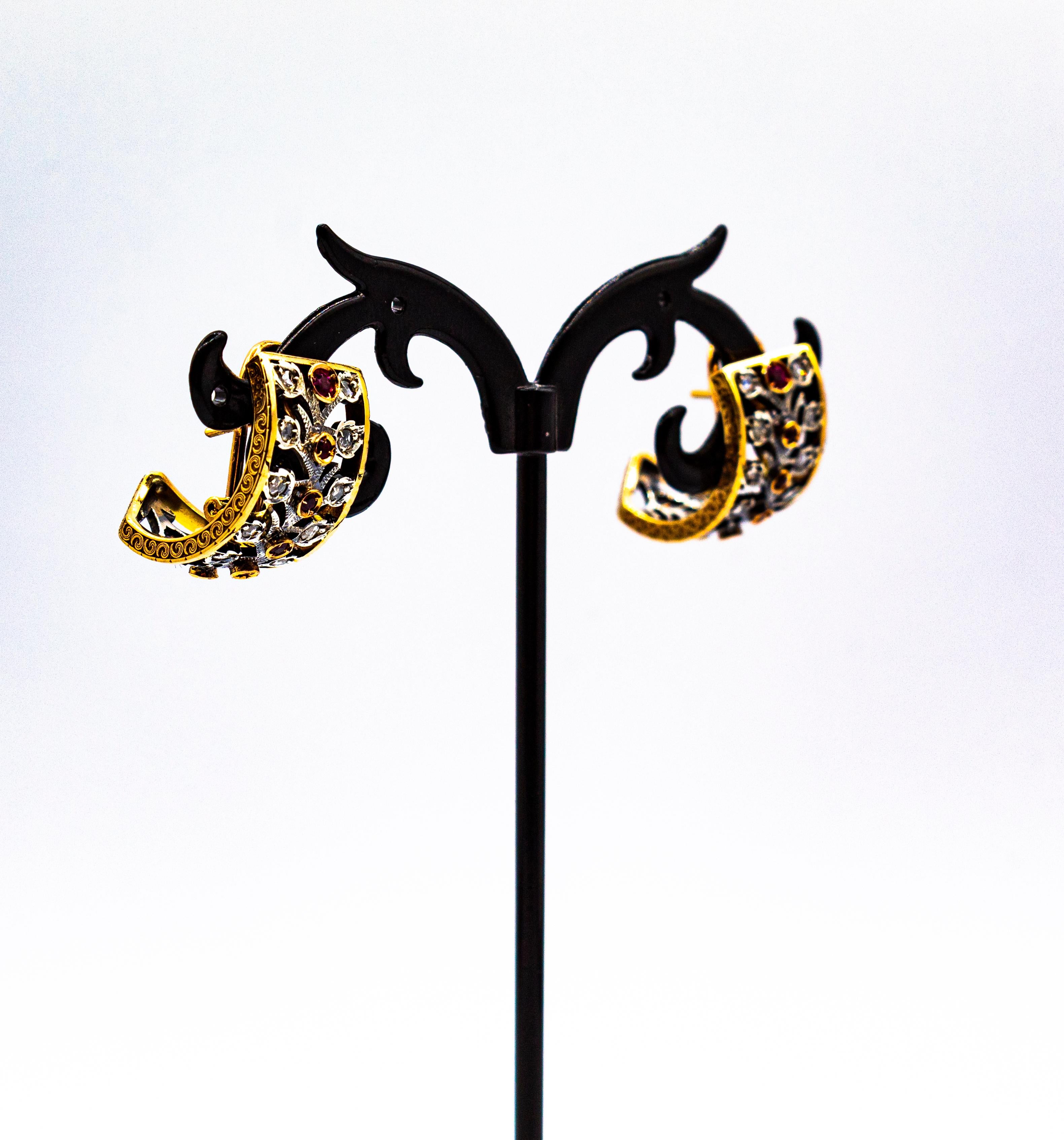 Pendientes colgantes de oro amarillo estilo art déco con diamante blanco talla rosa y rubí en venta 1