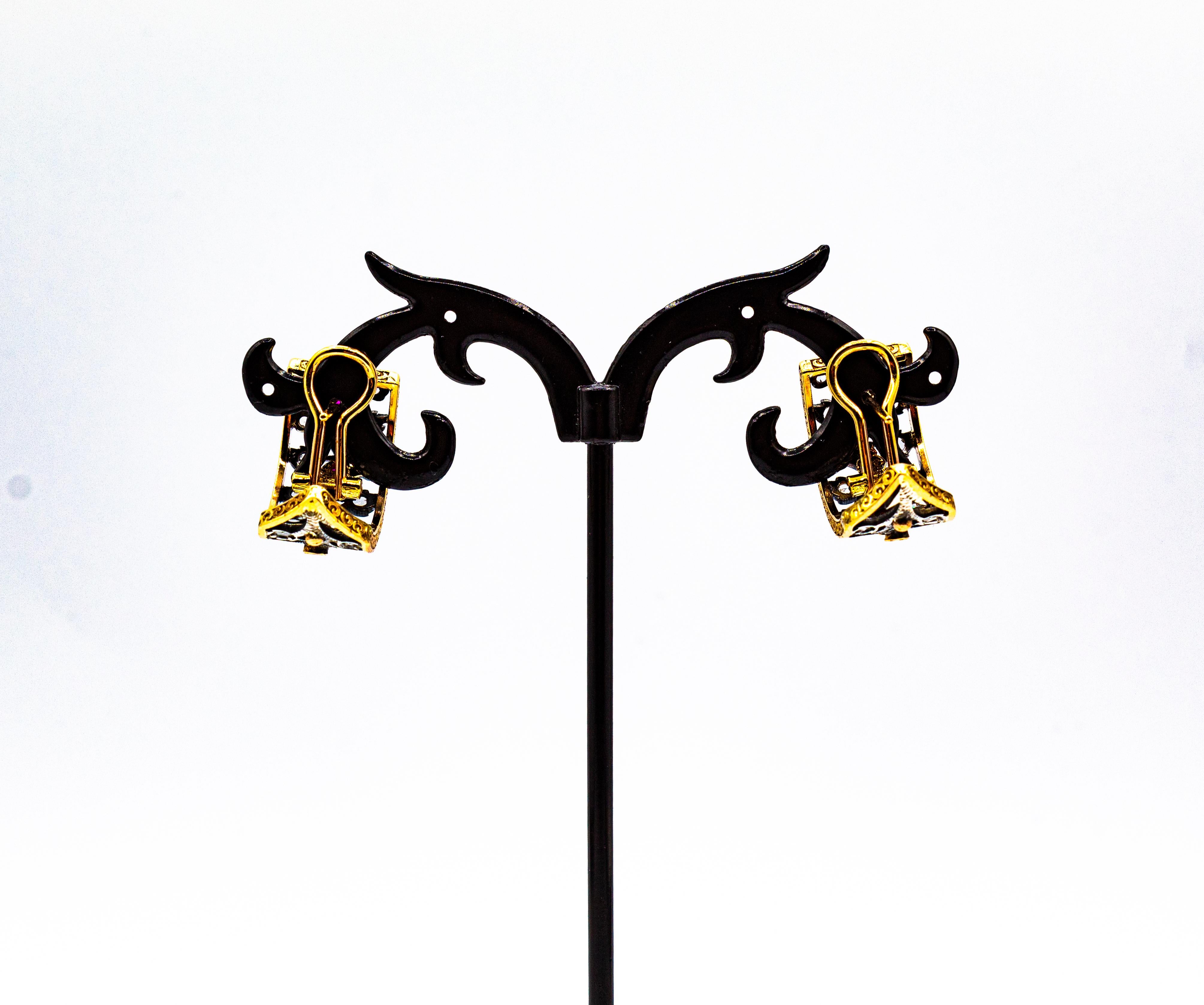 Pendientes colgantes de oro amarillo estilo art déco con diamante blanco talla rosa y rubí en venta 2