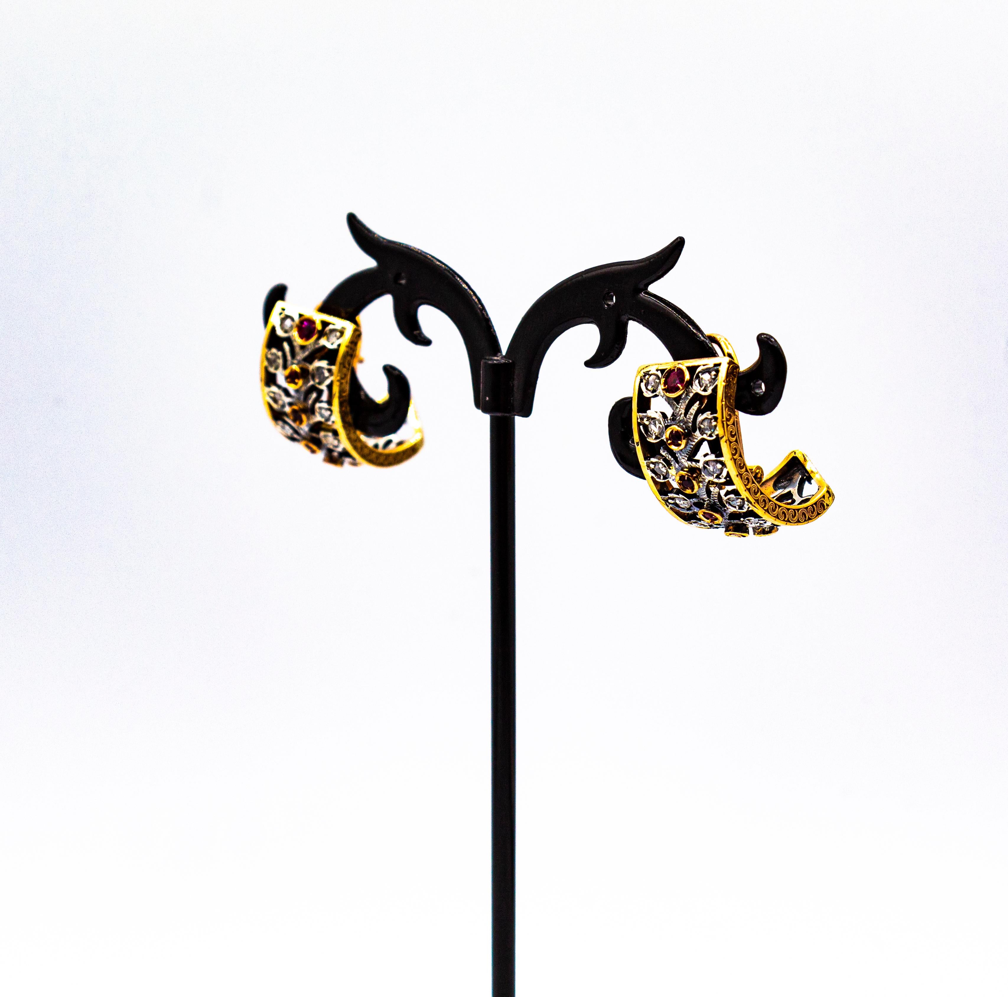 Pendientes colgantes de oro amarillo estilo art déco con diamante blanco talla rosa y rubí en venta 3
