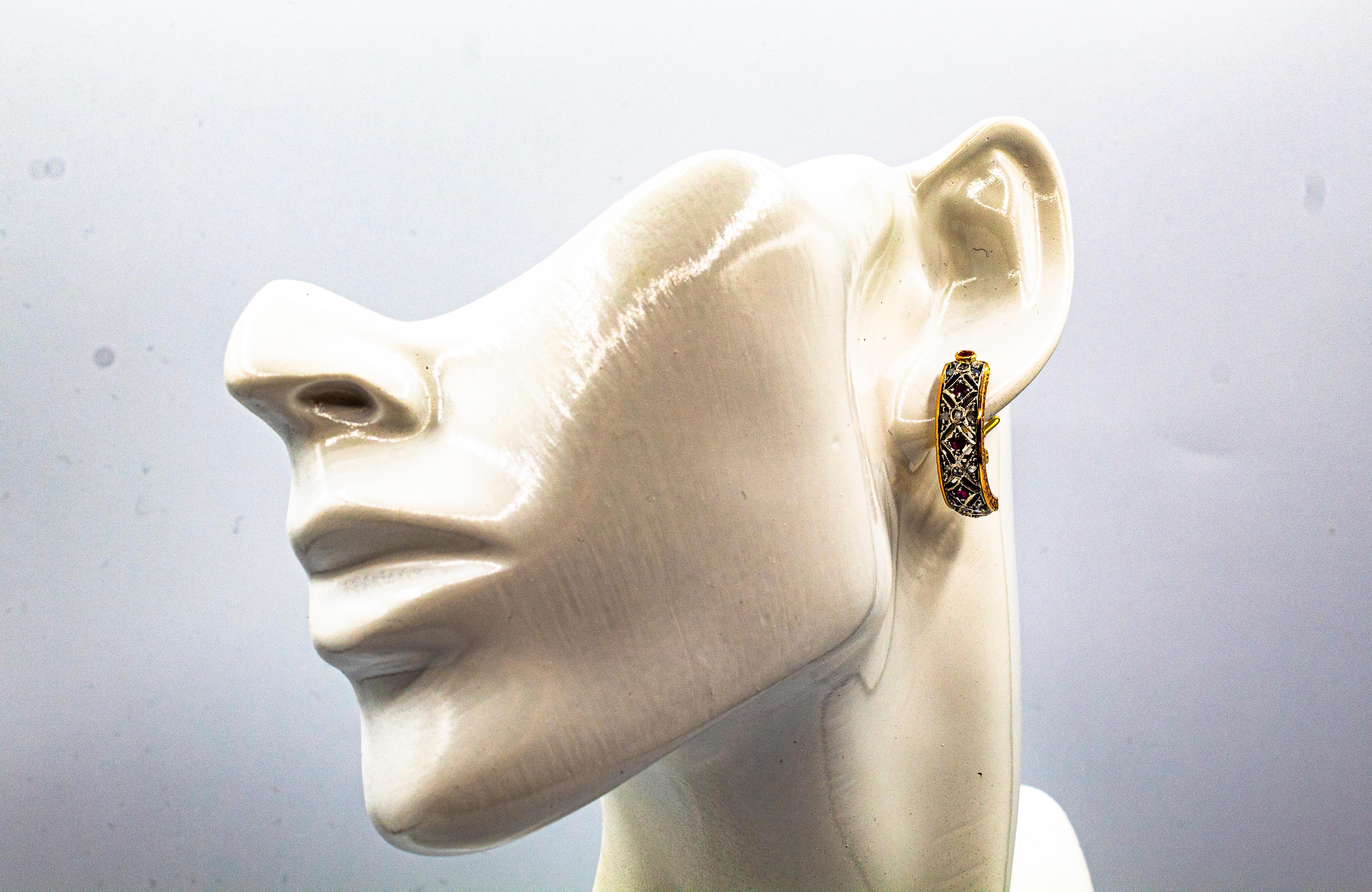 Clips d'oreilles de style Art déco en or jaune avec diamants blancs et rubis taille rose en vente 6