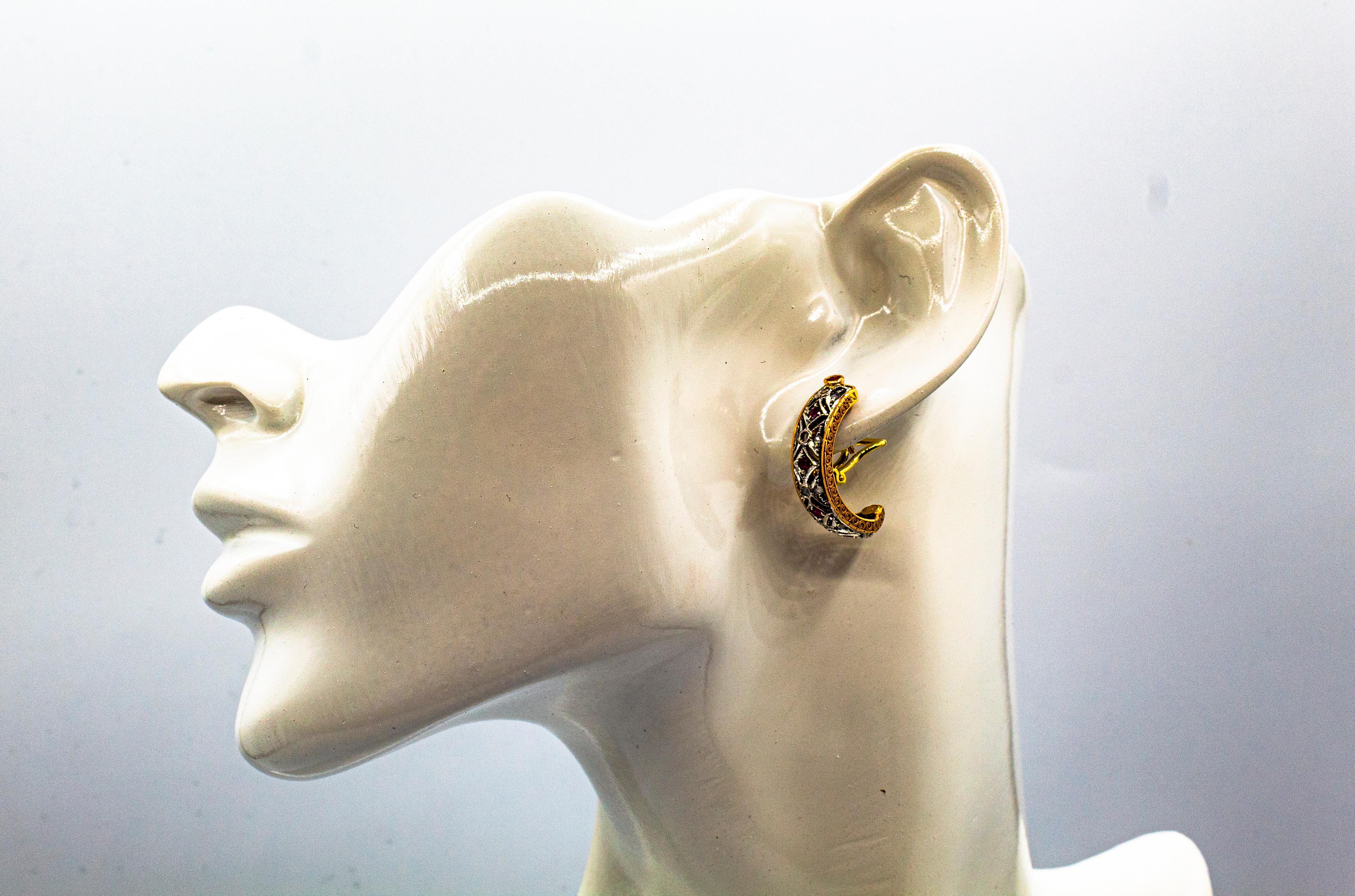 Clips d'oreilles de style Art déco en or jaune avec diamants blancs et rubis taille rose en vente 7