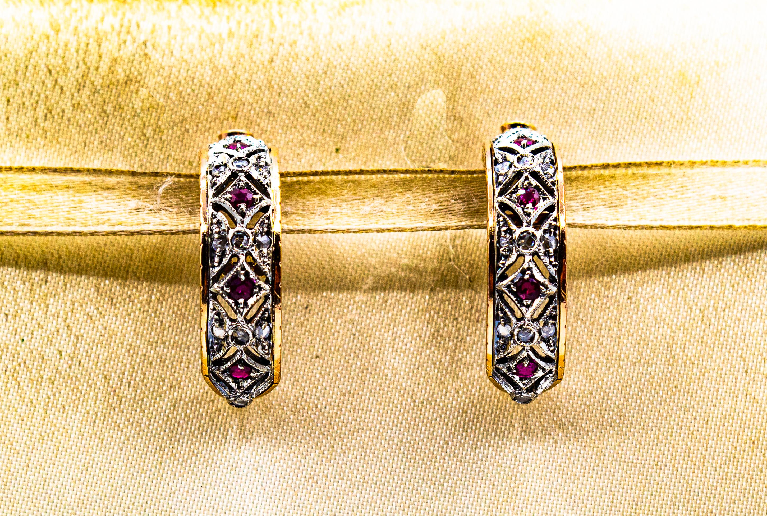 Taille rose Clips d'oreilles de style Art déco en or jaune avec diamants blancs et rubis taille rose en vente