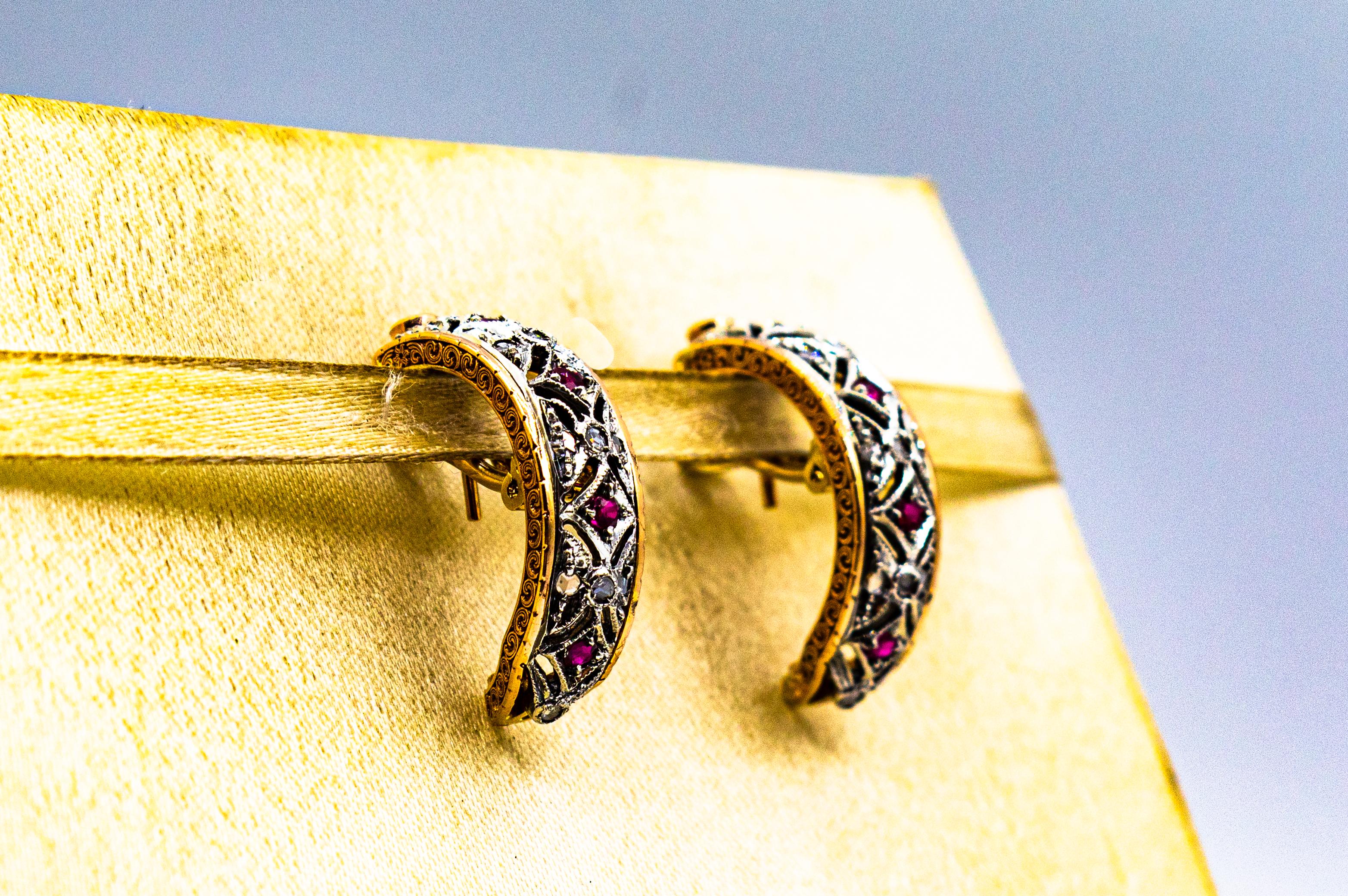 Pendientes de clip de oro amarillo estilo art déco con diamante blanco talla rosa y rubí Corte rosa en venta