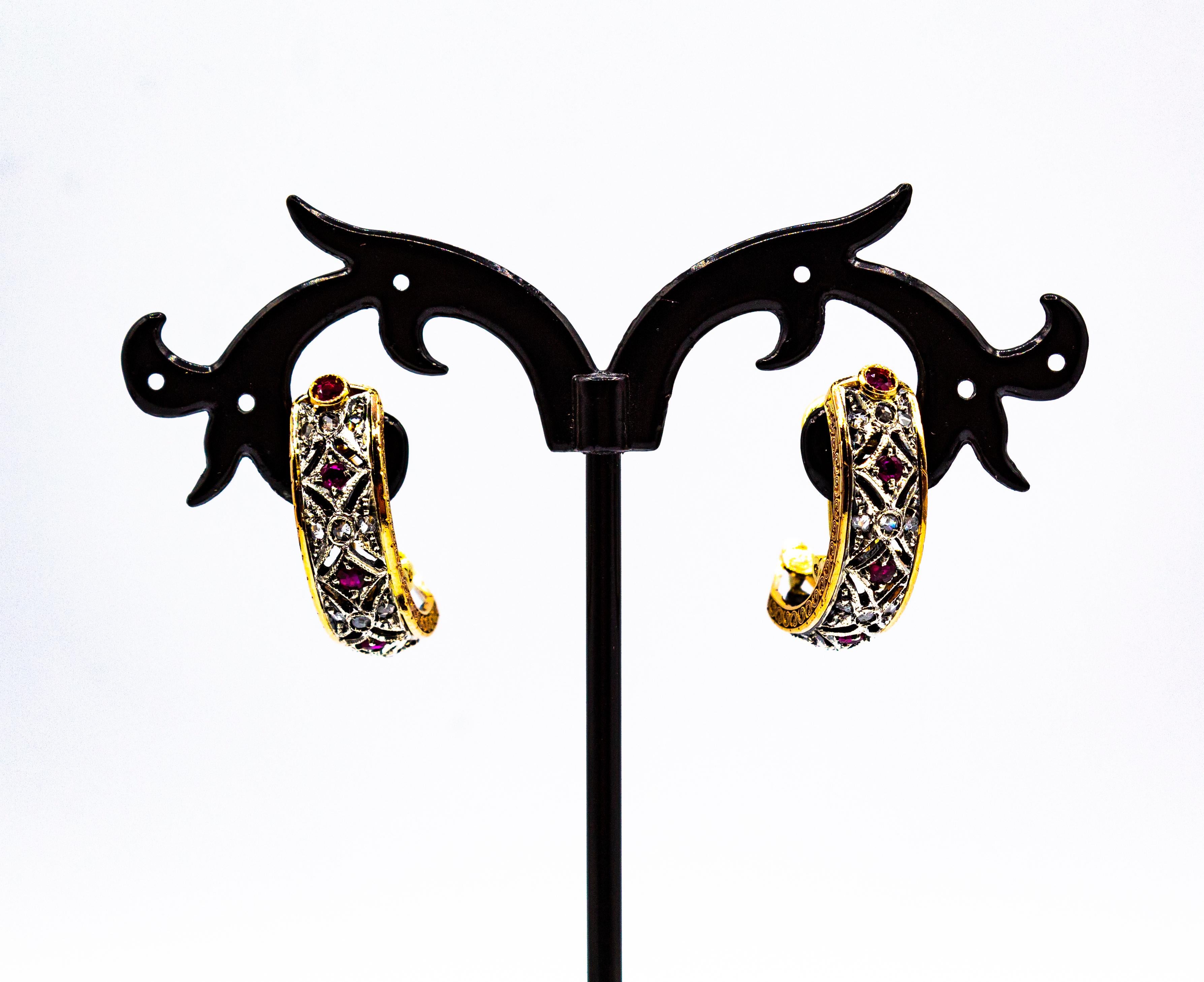 Clips d'oreilles de style Art déco en or jaune avec diamants blancs et rubis taille rose en vente 1