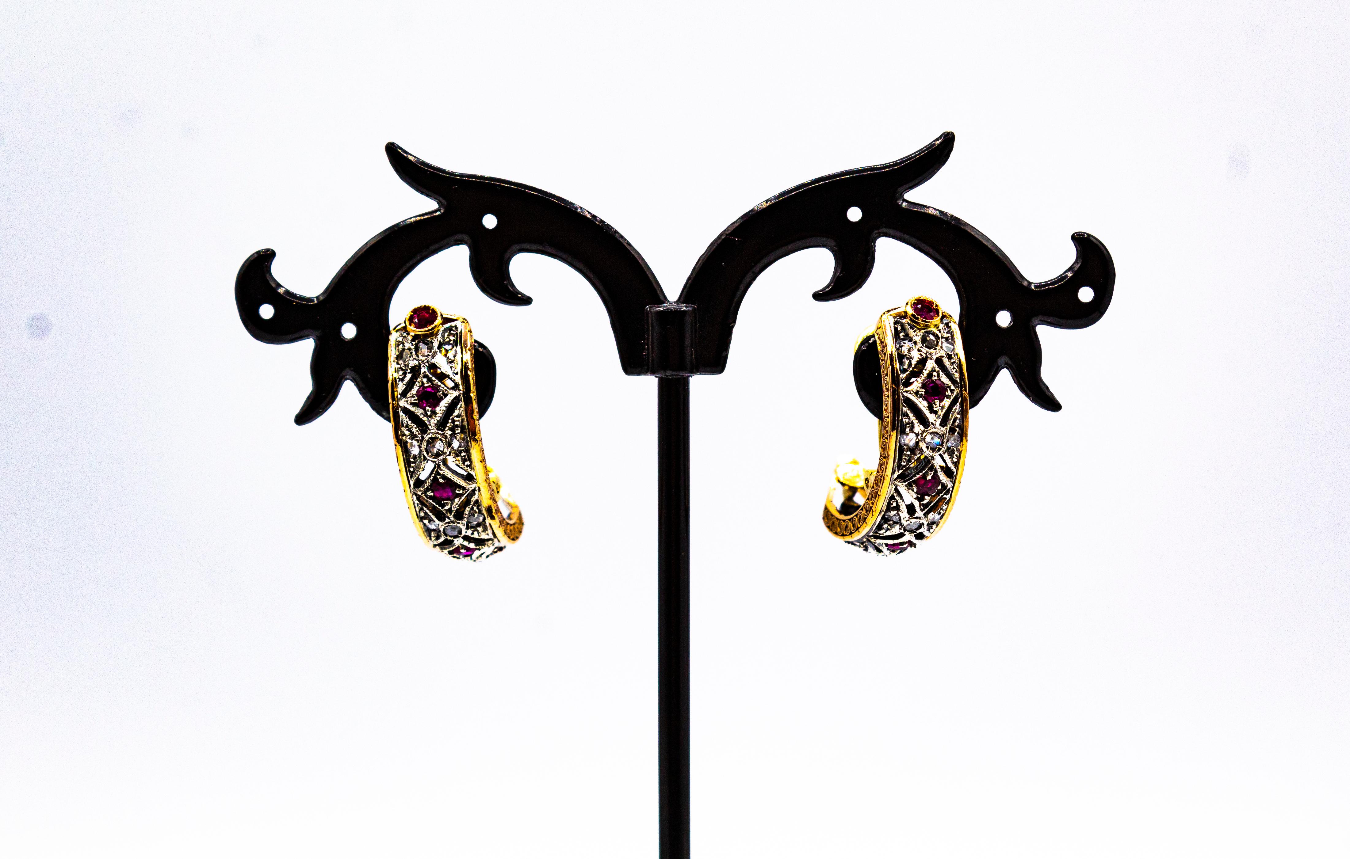 Clips d'oreilles de style Art déco en or jaune avec diamants blancs et rubis taille rose en vente 2