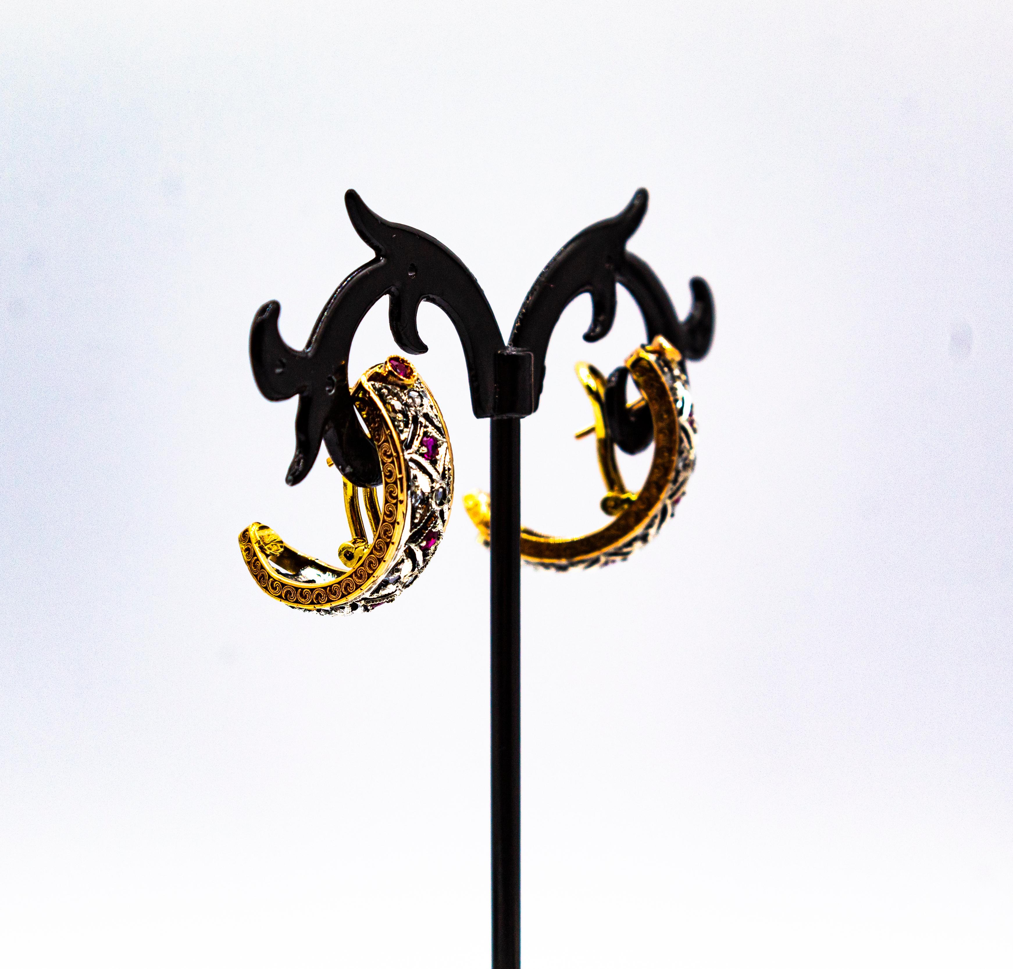 Clips d'oreilles de style Art déco en or jaune avec diamants blancs et rubis taille rose en vente 3
