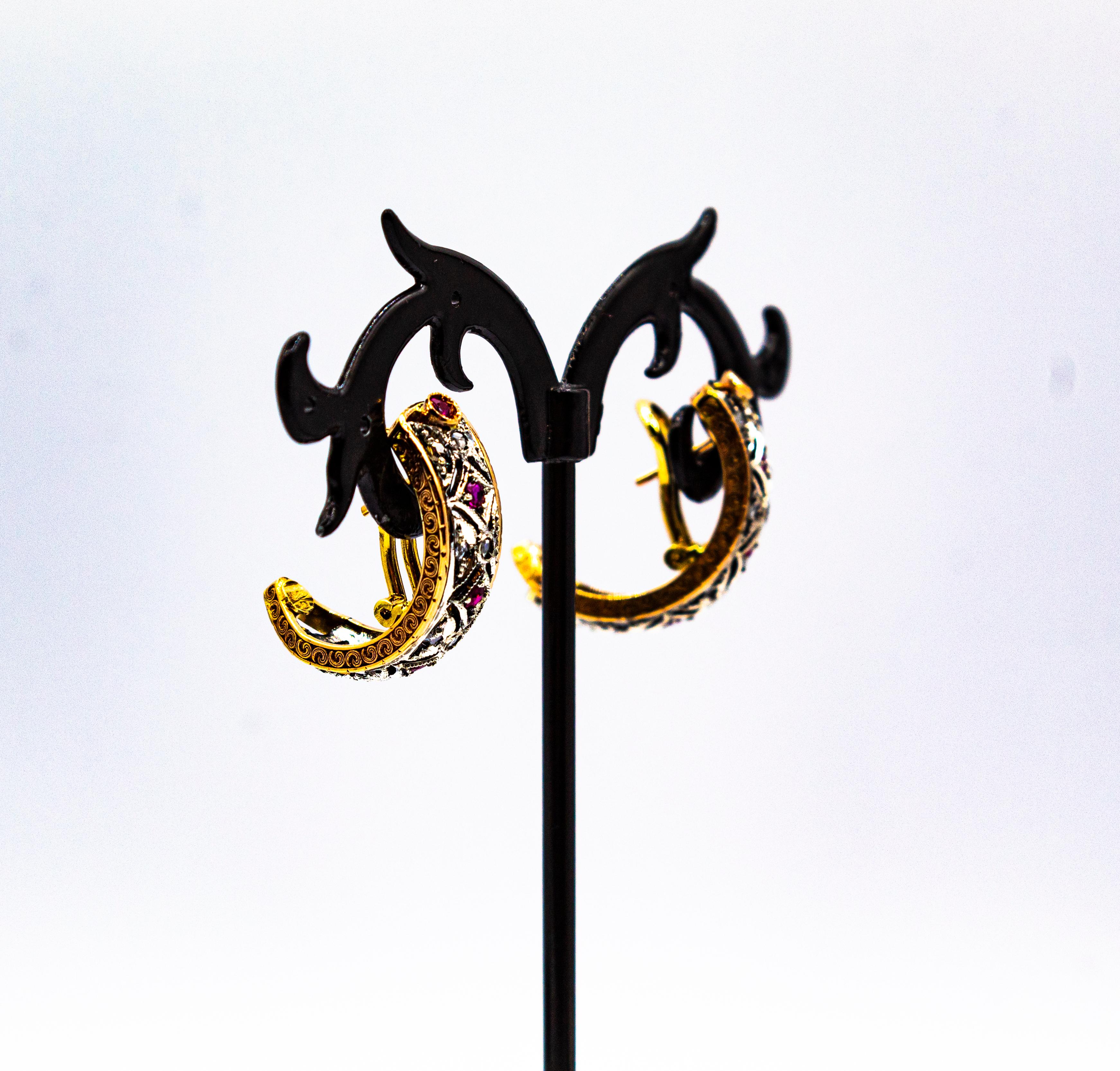 Pendientes de clip de oro amarillo estilo art déco con diamante blanco talla rosa y rubí en venta 2