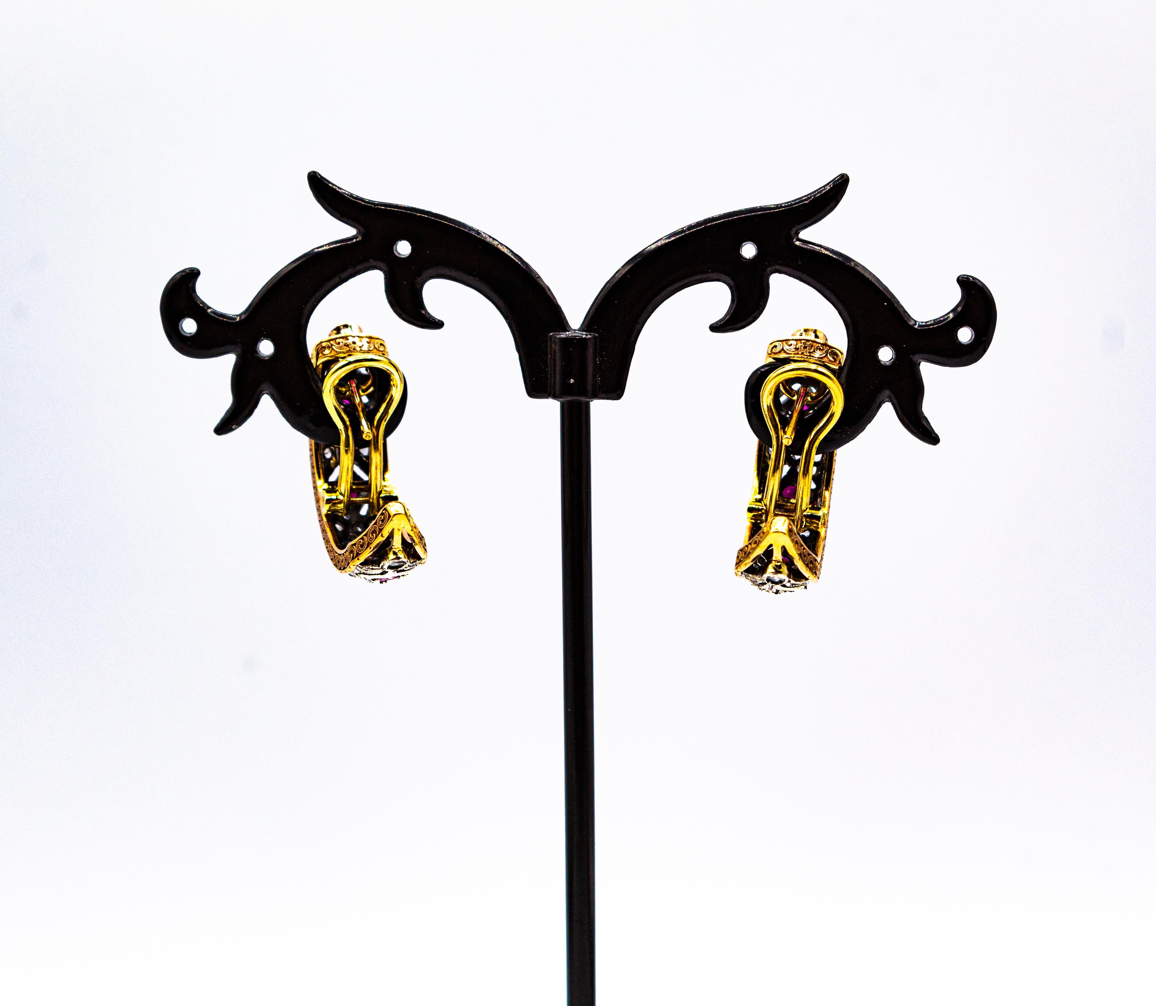 Clips d'oreilles de style Art déco en or jaune avec diamants blancs et rubis taille rose en vente 4