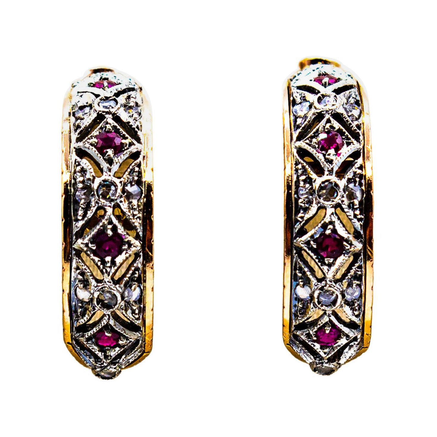 Pendientes de clip de oro amarillo estilo art déco con diamante blanco talla rosa y rubí