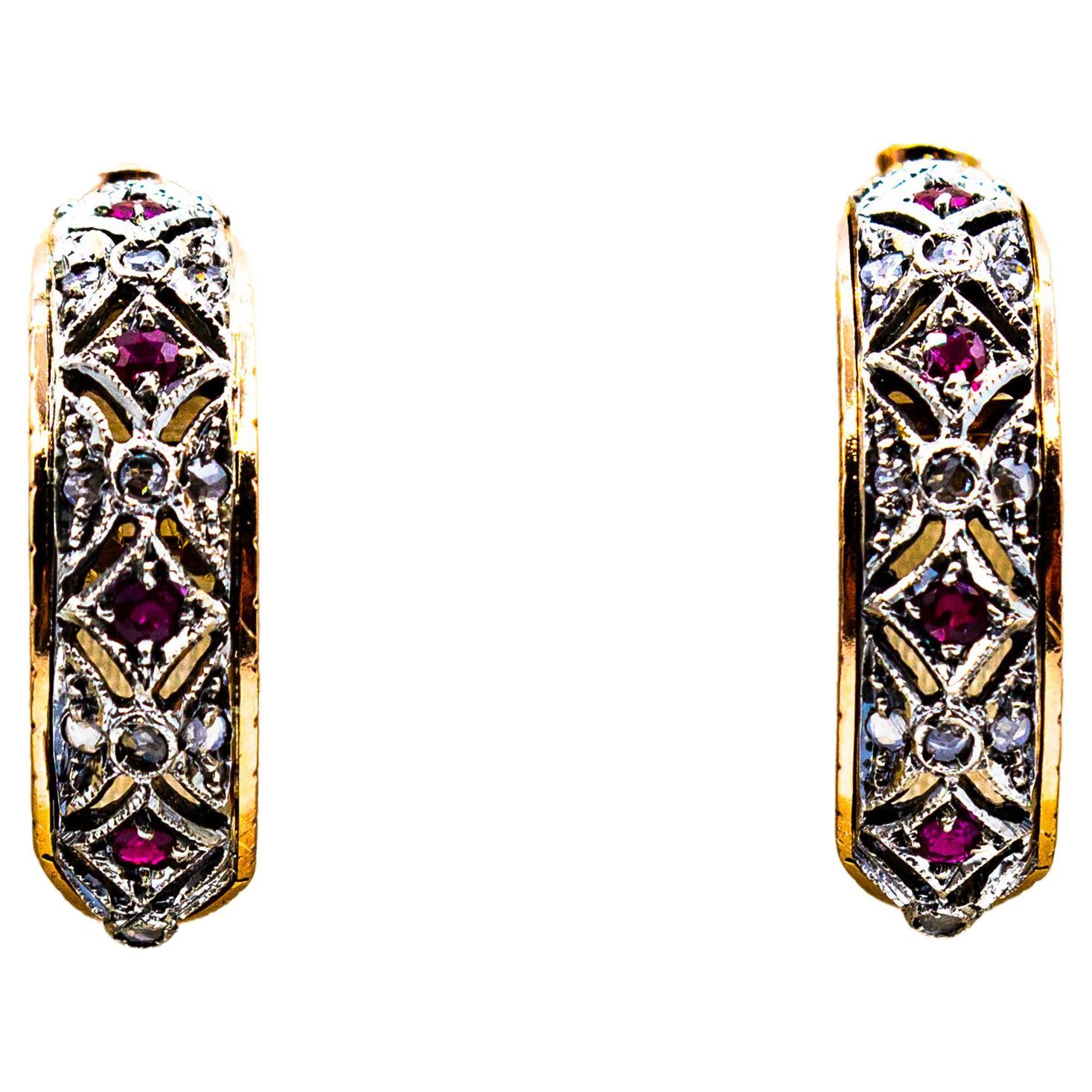 Clips d'oreilles de style Art déco en or jaune avec diamants blancs et rubis taille rose en vente