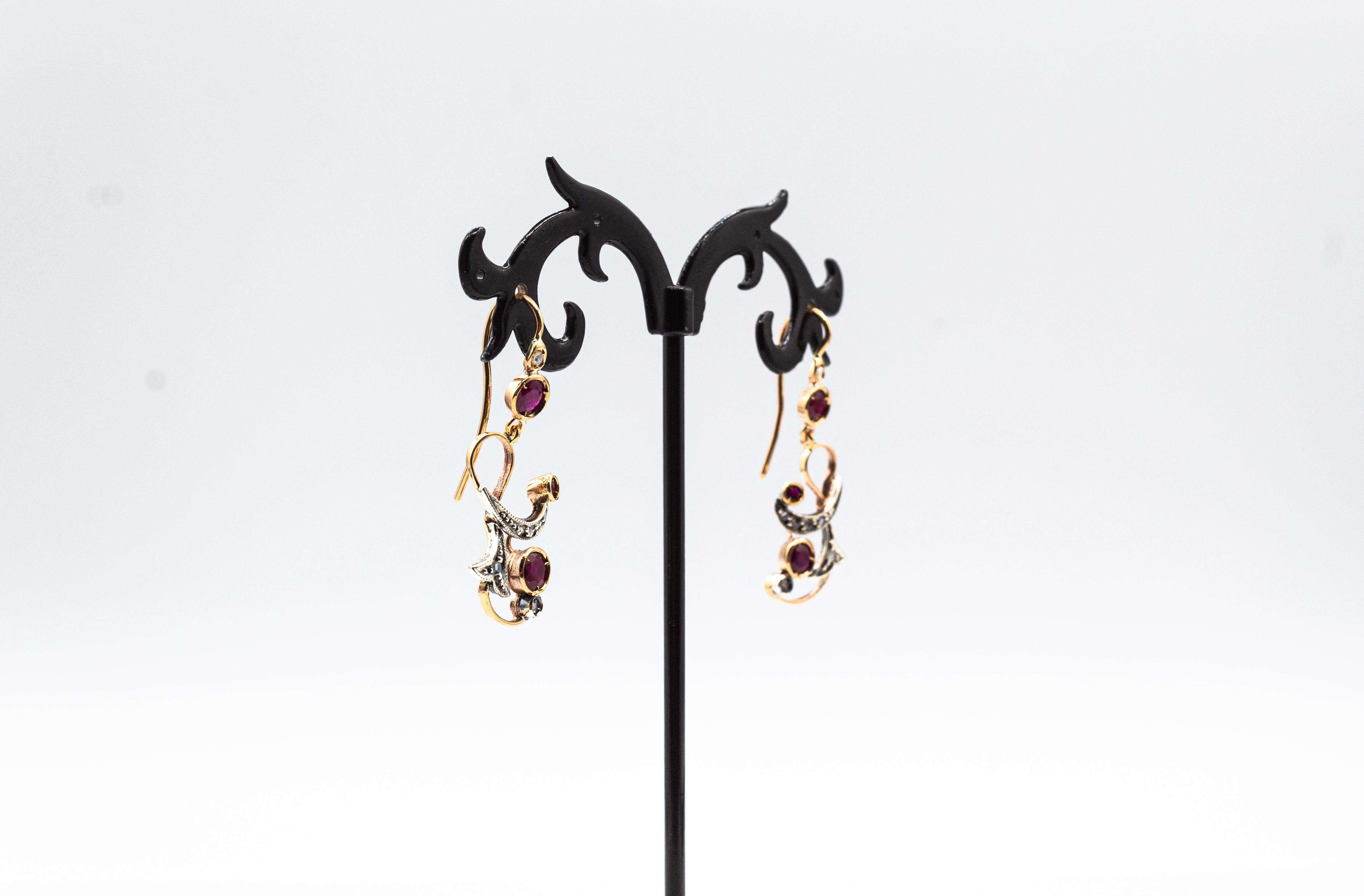 Art Deco Style White Rose Cut Diamond Ruby Yellow Gold Drop Earrings For Sale 6