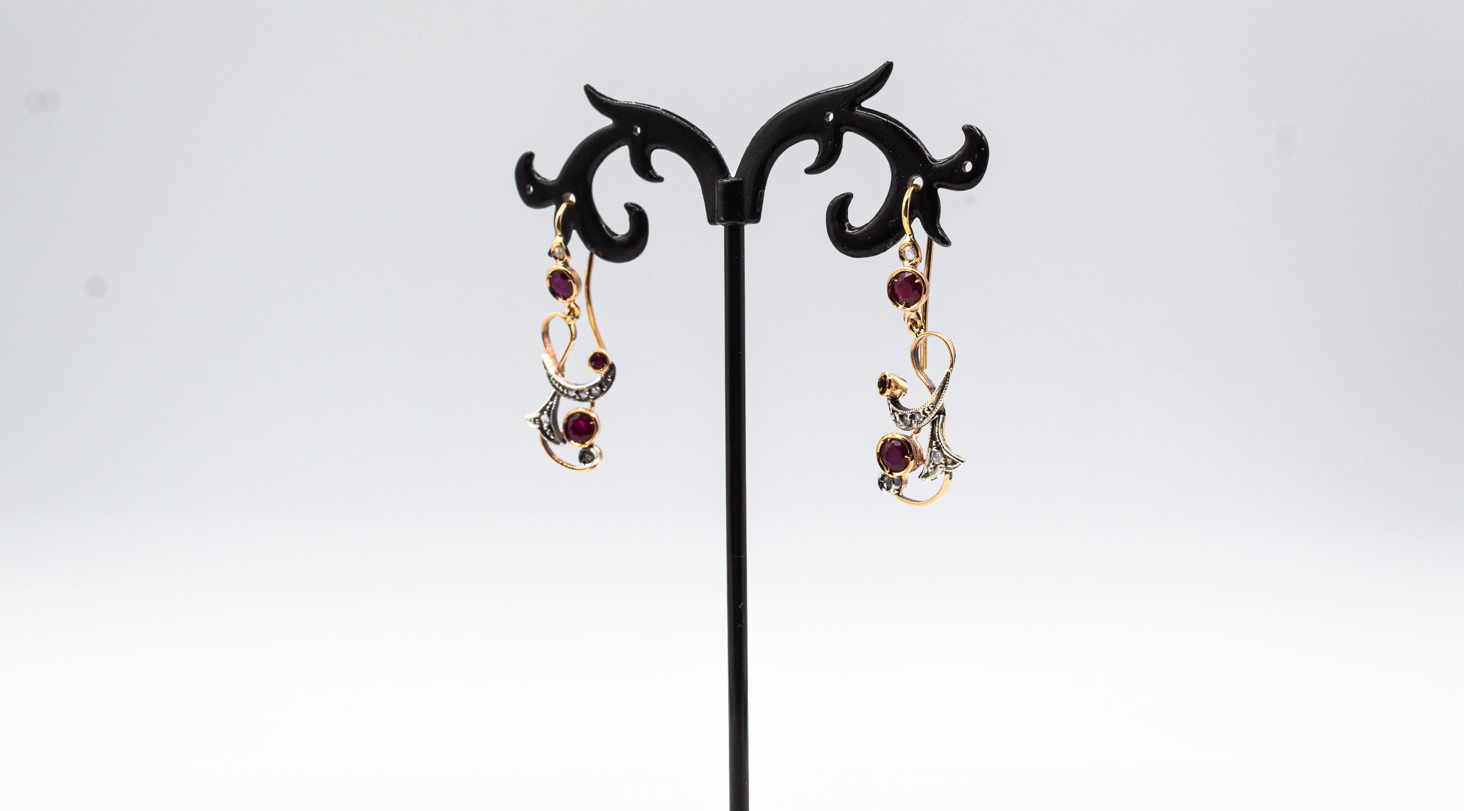Art Deco Style White Rose Cut Diamond Ruby Yellow Gold Drop Earrings For Sale 8