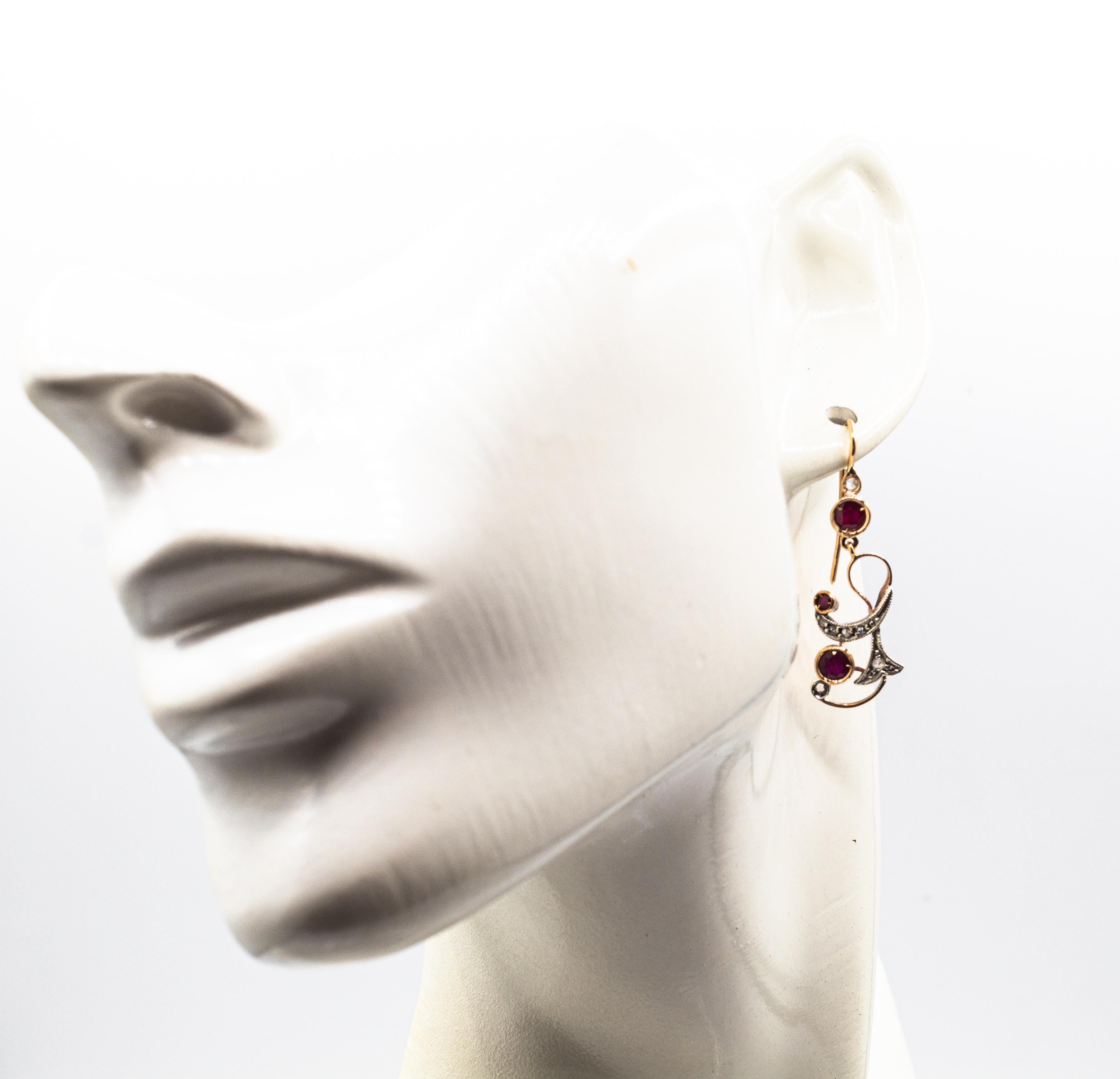 Art Deco Style White Rose Cut Diamond Ruby Yellow Gold Drop Earrings For Sale 9