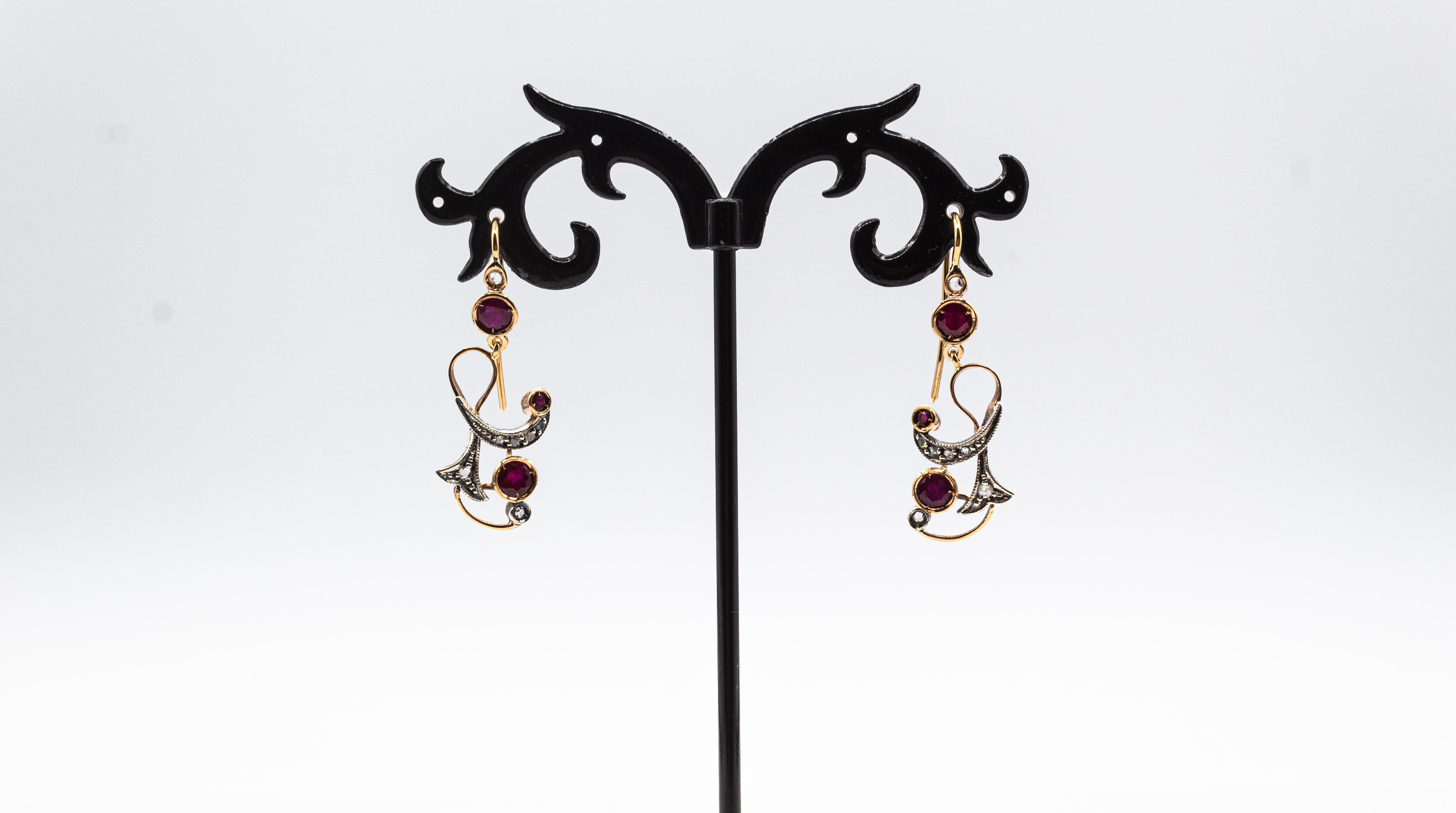 Art Deco Style White Rose Cut Diamond Ruby Yellow Gold Drop Earrings For Sale 5