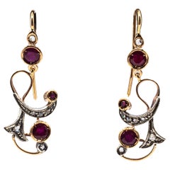 Art Deco Style White Rose Cut Diamond Ruby Yellow Gold Drop Earrings