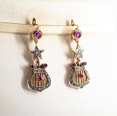 Art Deco Style White Rose Cut Diamond Ruby Yellow Gold Lever-Back Drop Earrings