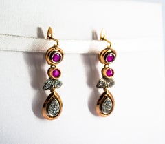 Art Deco Style White Rose Cut Diamond Ruby Yellow Gold Lever-Back Drop Earrings