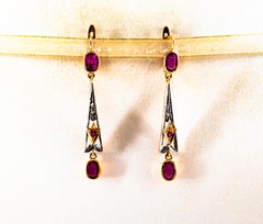 Art Deco Style White Rose Cut Diamond Ruby Yellow Gold Lever-Back Drop Earrings